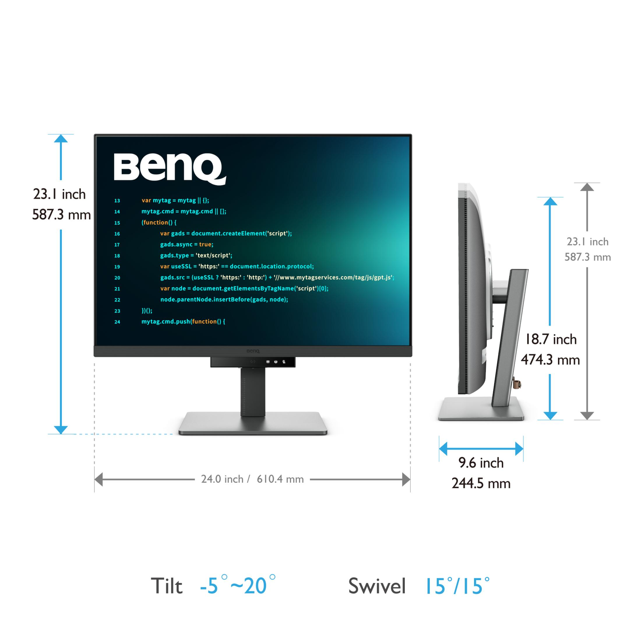 Een BenQ monitor met code op het scherm en afmetingen.