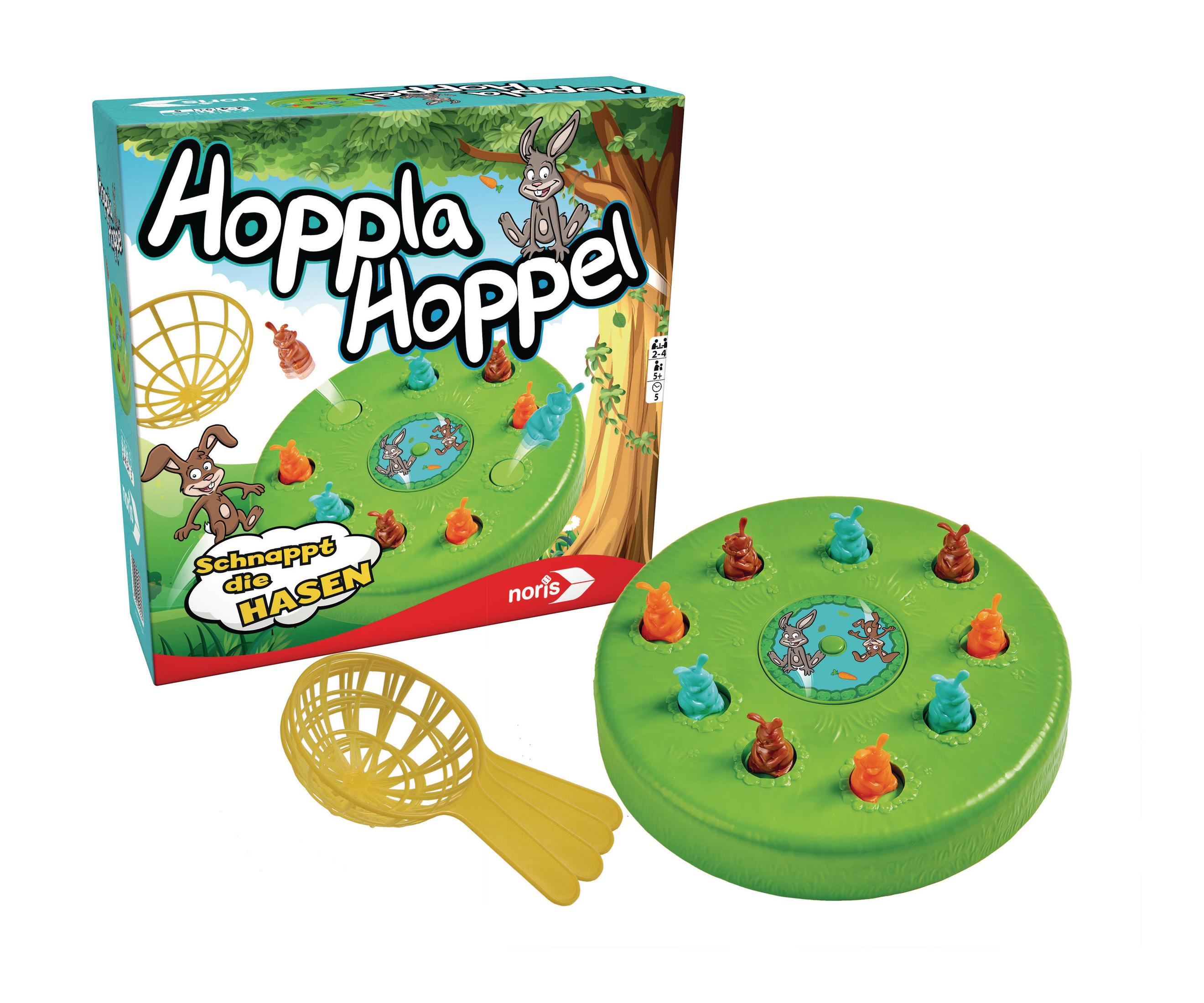 Brettspiel mit grünem Spielbrett, Hasenfiguren in Braun, Orange, Blau und einem gelben Fangkorb.