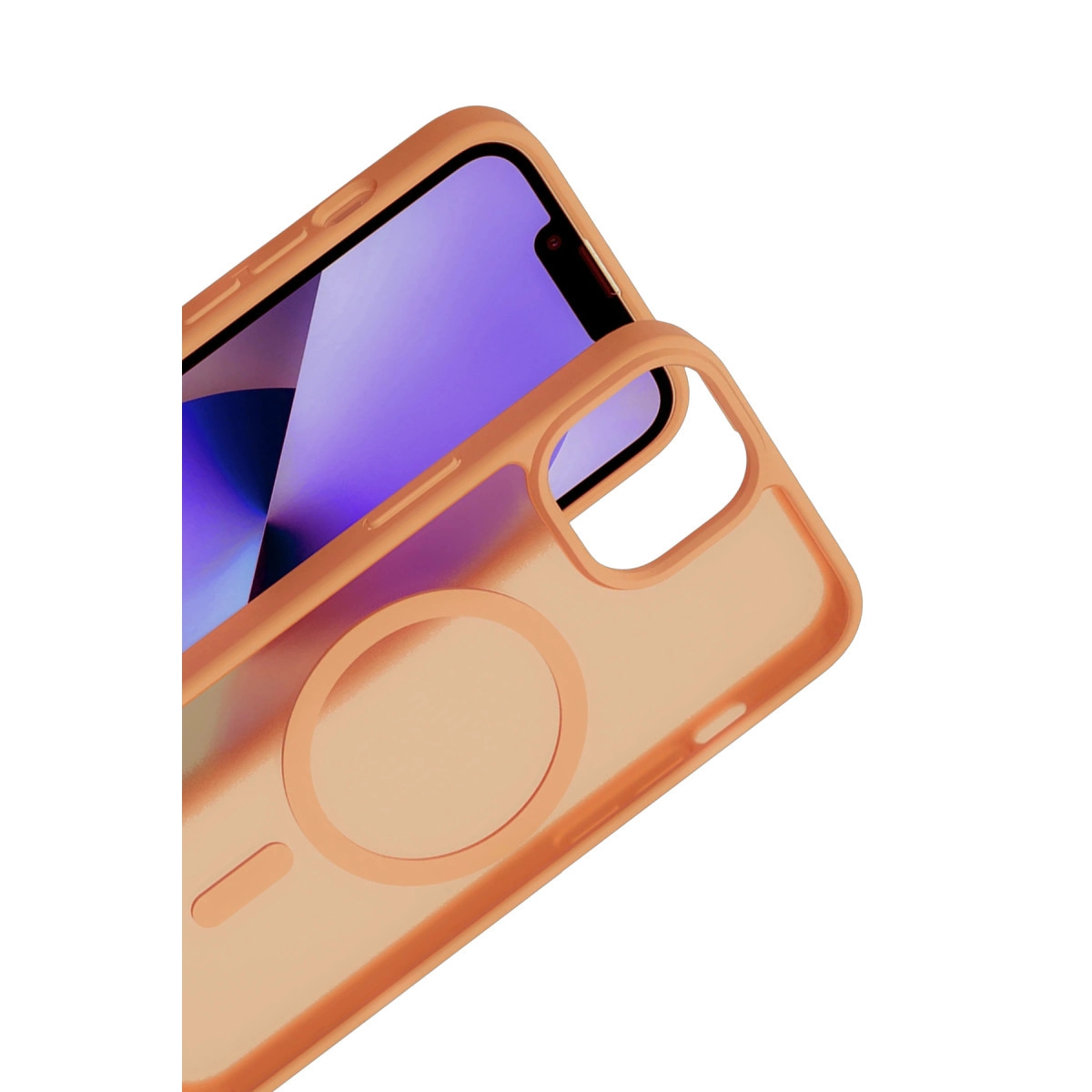 Kamera kesimli ve manyetik halkalı turuncu telefon kılıfı.