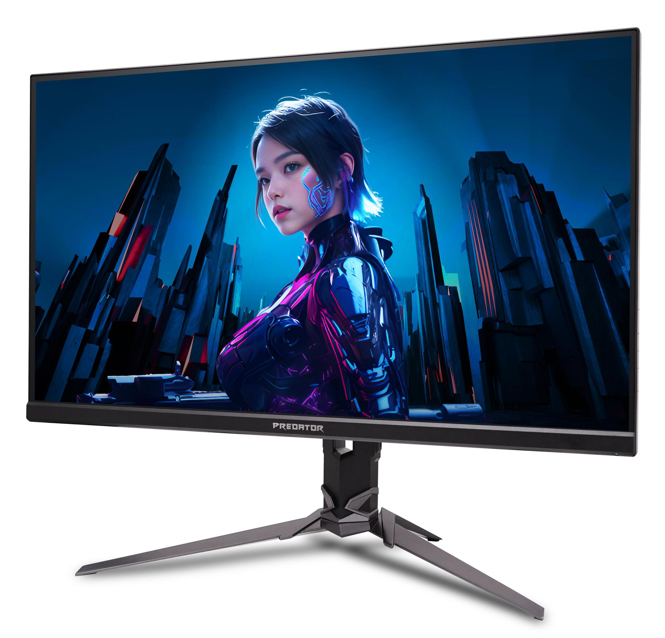 Un monitor da gaming mostra una donna con elementi cyberpunk davanti a una città futuristica.