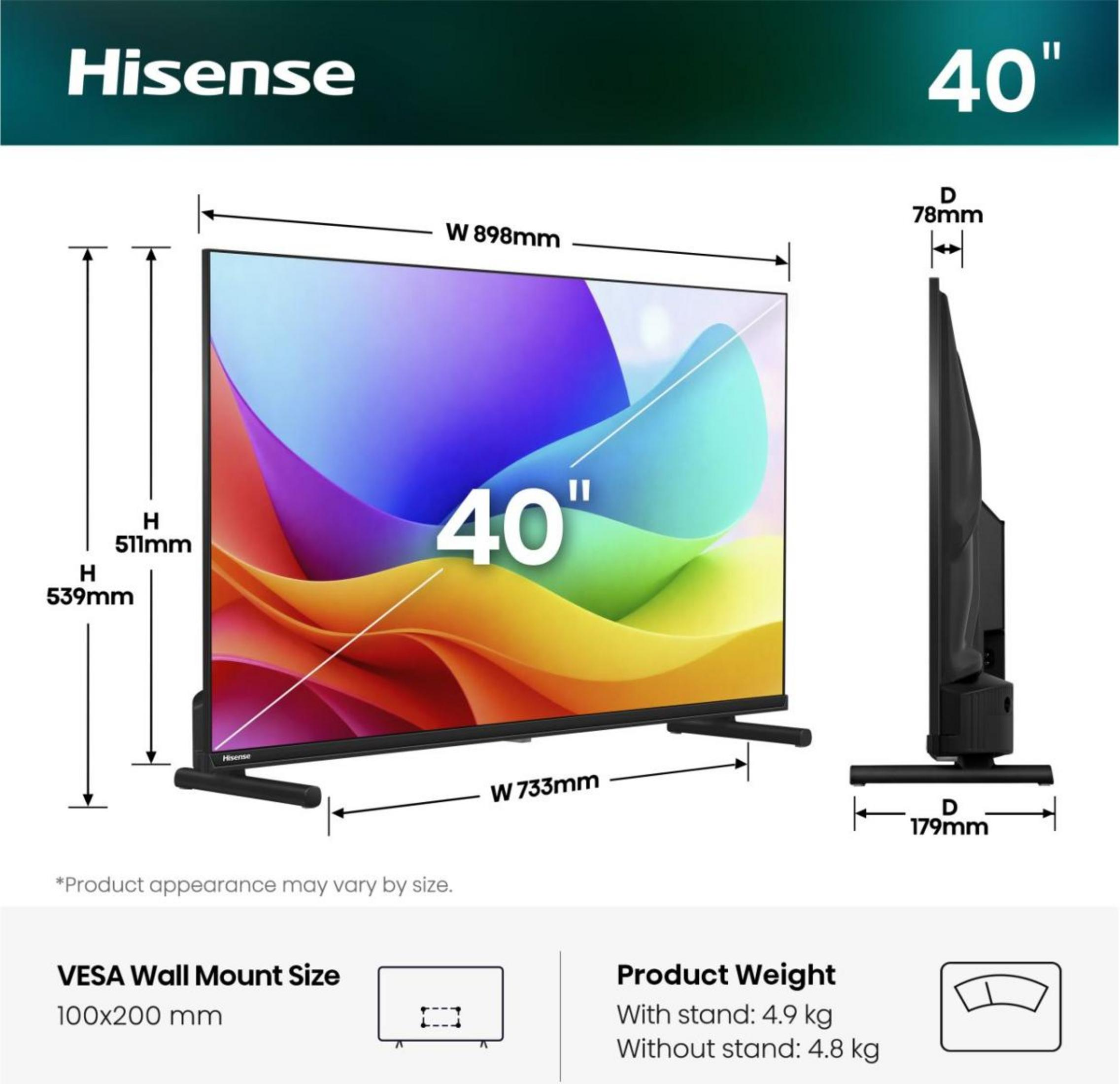 Hisense 40-Zoll-Fernseher mit den Maßen B 898mm, H 511mm, T 78mm. Zeigt auch VESA 100x200mm.