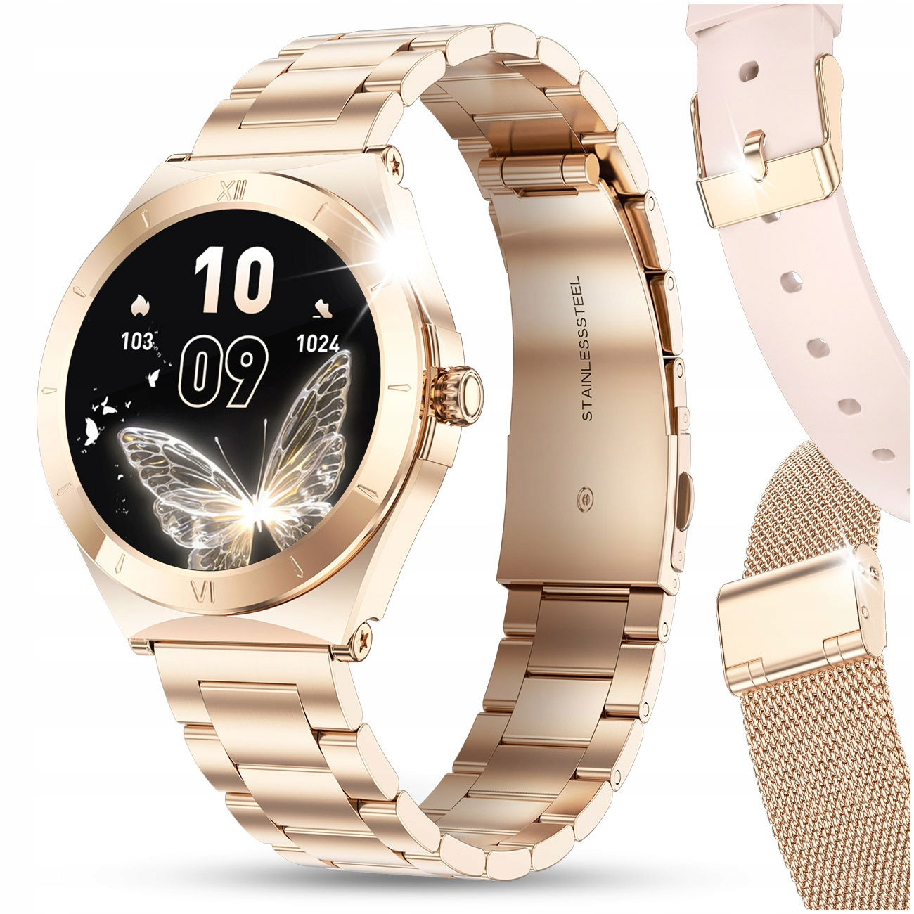 Złoty smartwatch z motywem motyla na tarczy i metalową bransoletą.