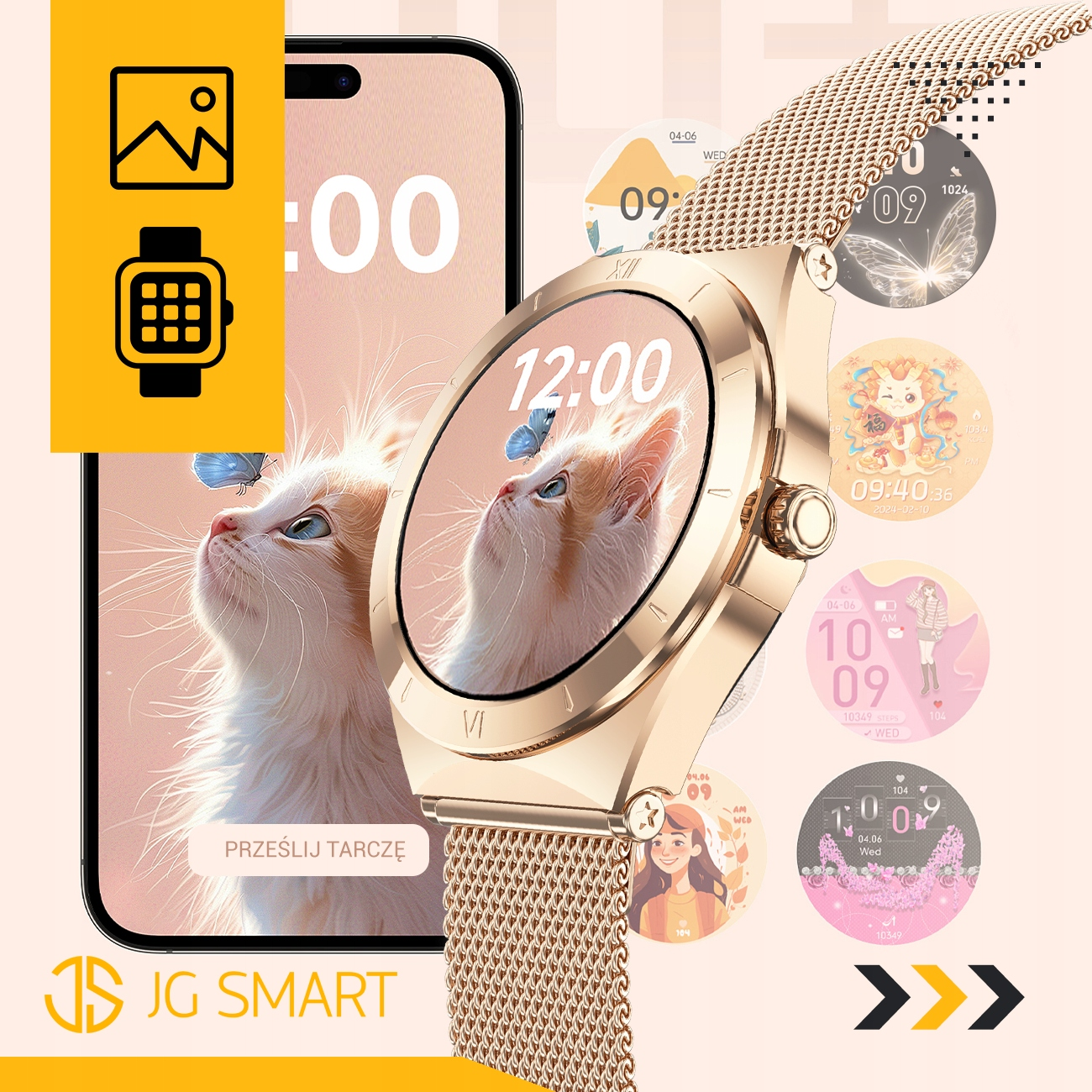 Złoty smartwatch z tarczą kota, obok telefonu i wycinków tarczy.
