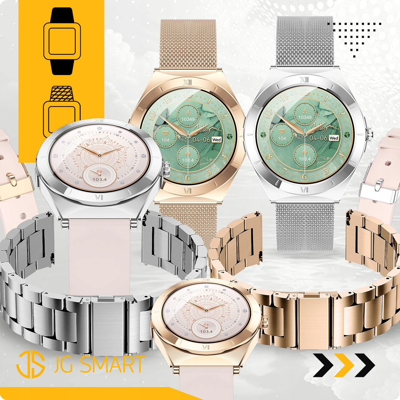 Wiele smartwatchy z różnymi paskami i tarczami, na jasnym tle.