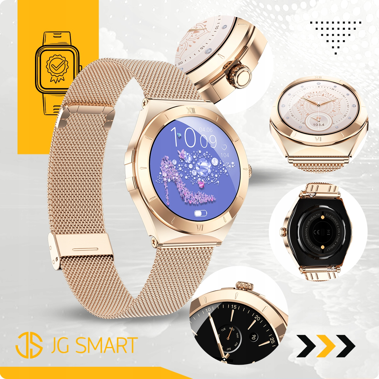Smartwatch w kolorze różowego złota z siatkową bransoletą, widoki ekranu i tyłu.