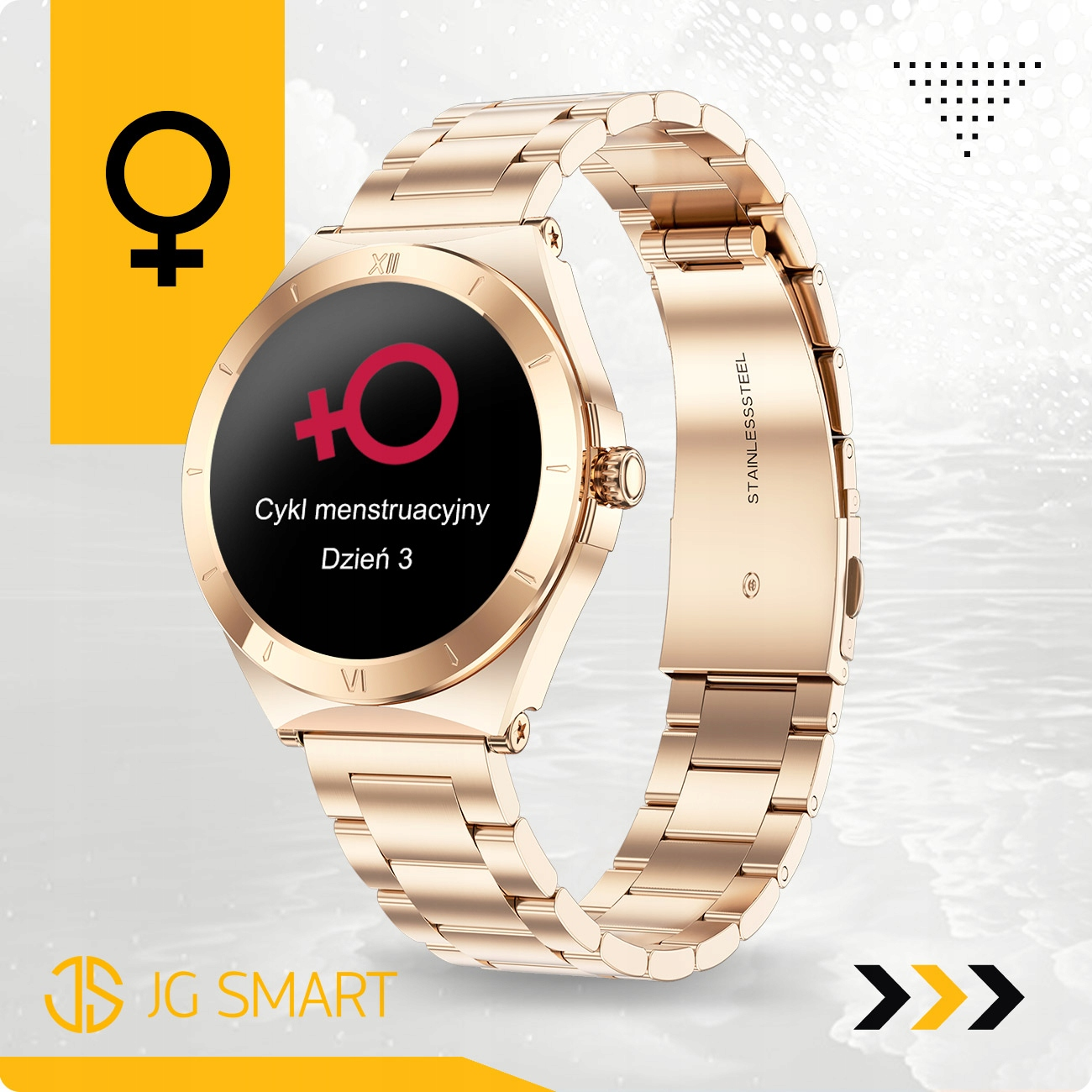 Złoty smartwatch pokazuje cykl menstruacyjny, dzień 3. Żółte pole z symbolem kobiety po lewej.