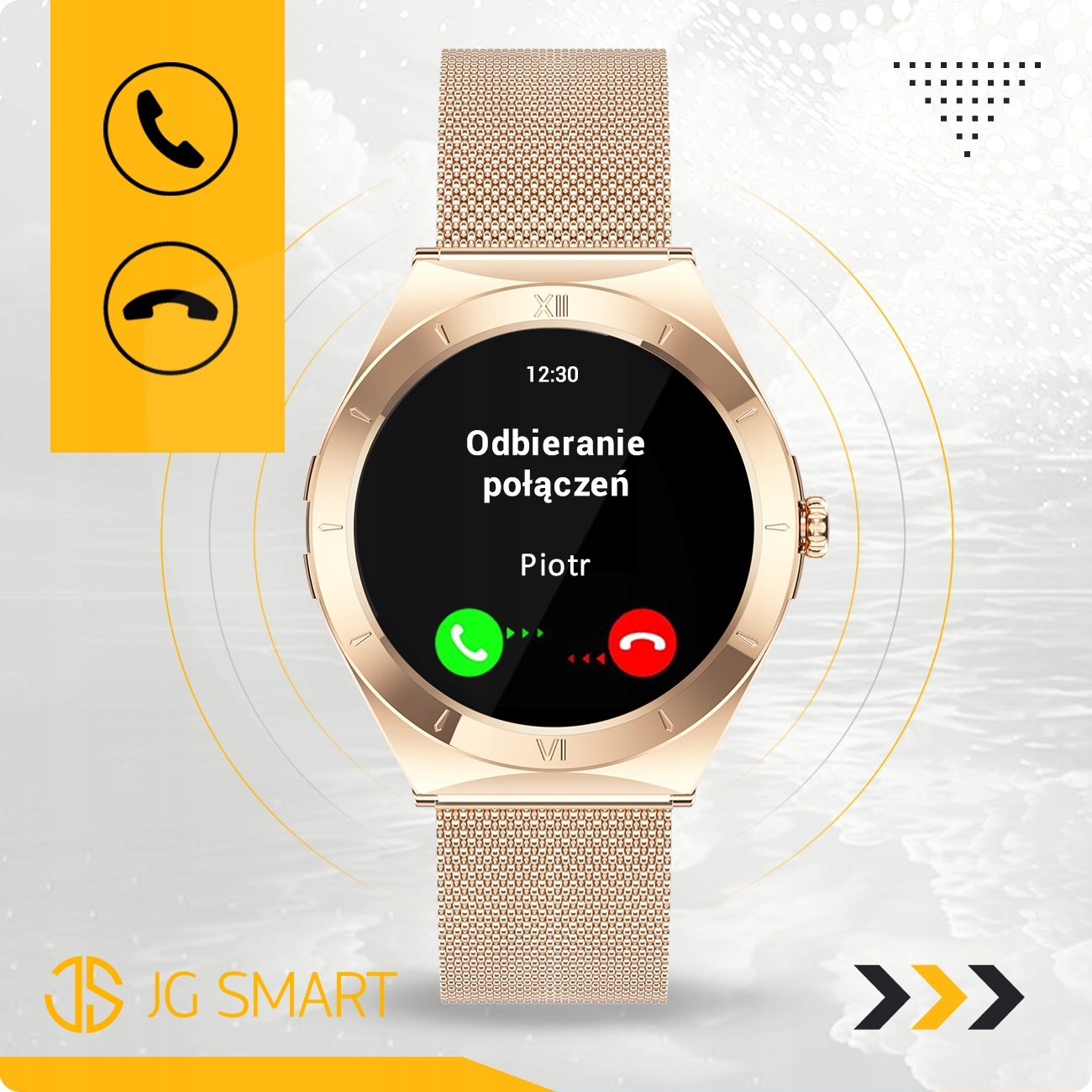 Złoty smartwatch pokazuje odbieranie połączeń od Piotra. Lewo: ikony połączeń. Prawo: przyciski połączeń.