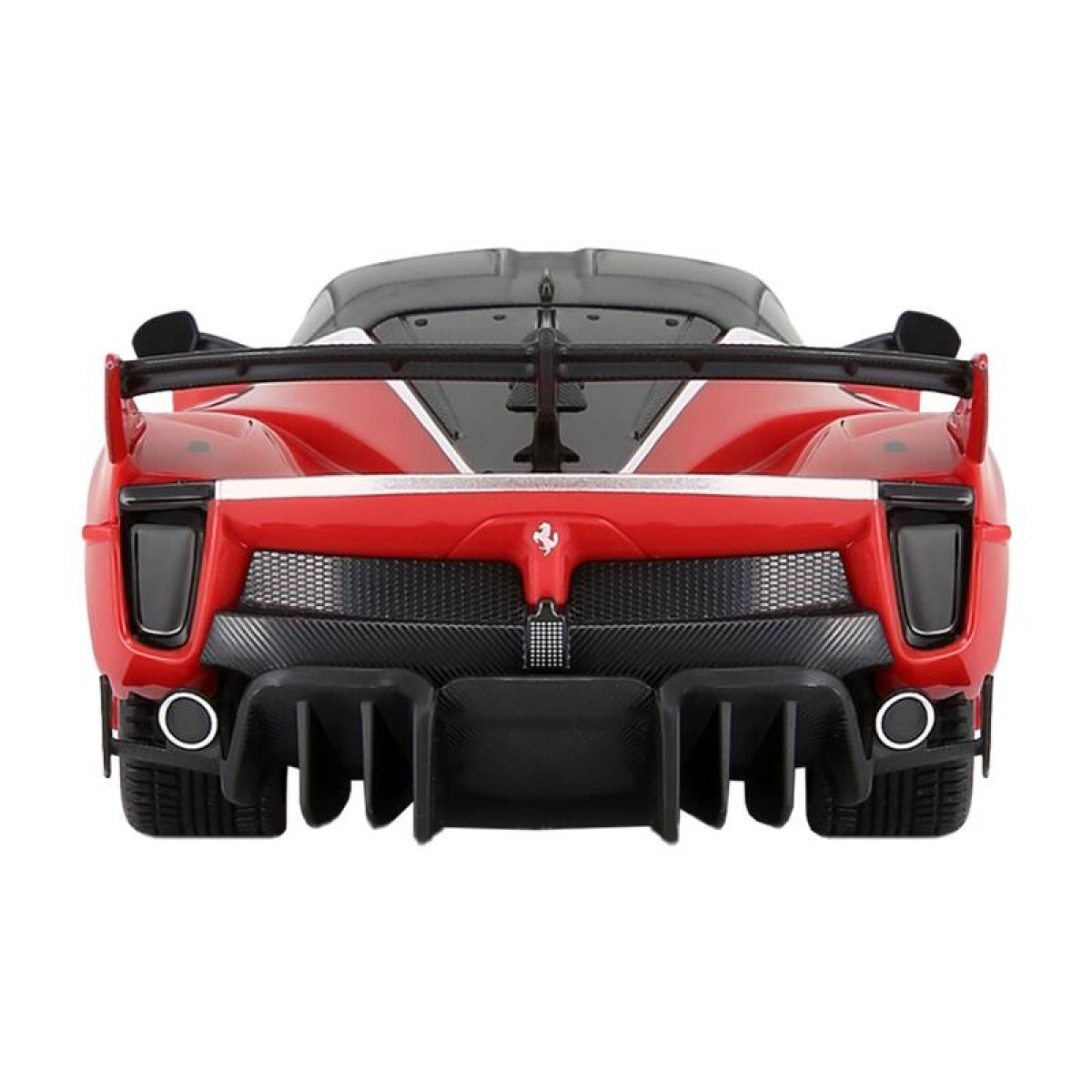 Czerwony Ferrari z czarnym spojlerem i dyfuzorem, białe paski.