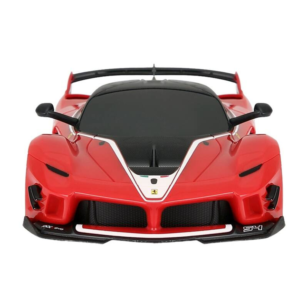 Czerwony samochód sportowy Ferrari z czarnym dachem i spojlerem, widok z przodu.