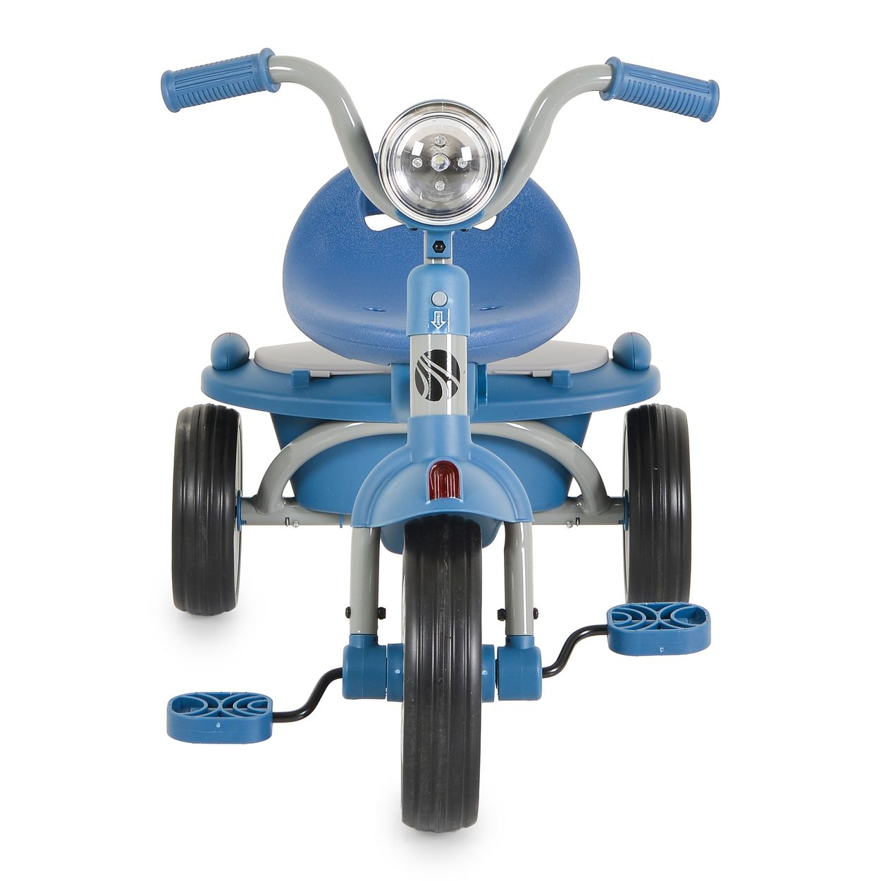 Blaues Dreirad mit Scheinwerfer, schwarzen Rädern und blauen Pedalen. Vorderansicht.