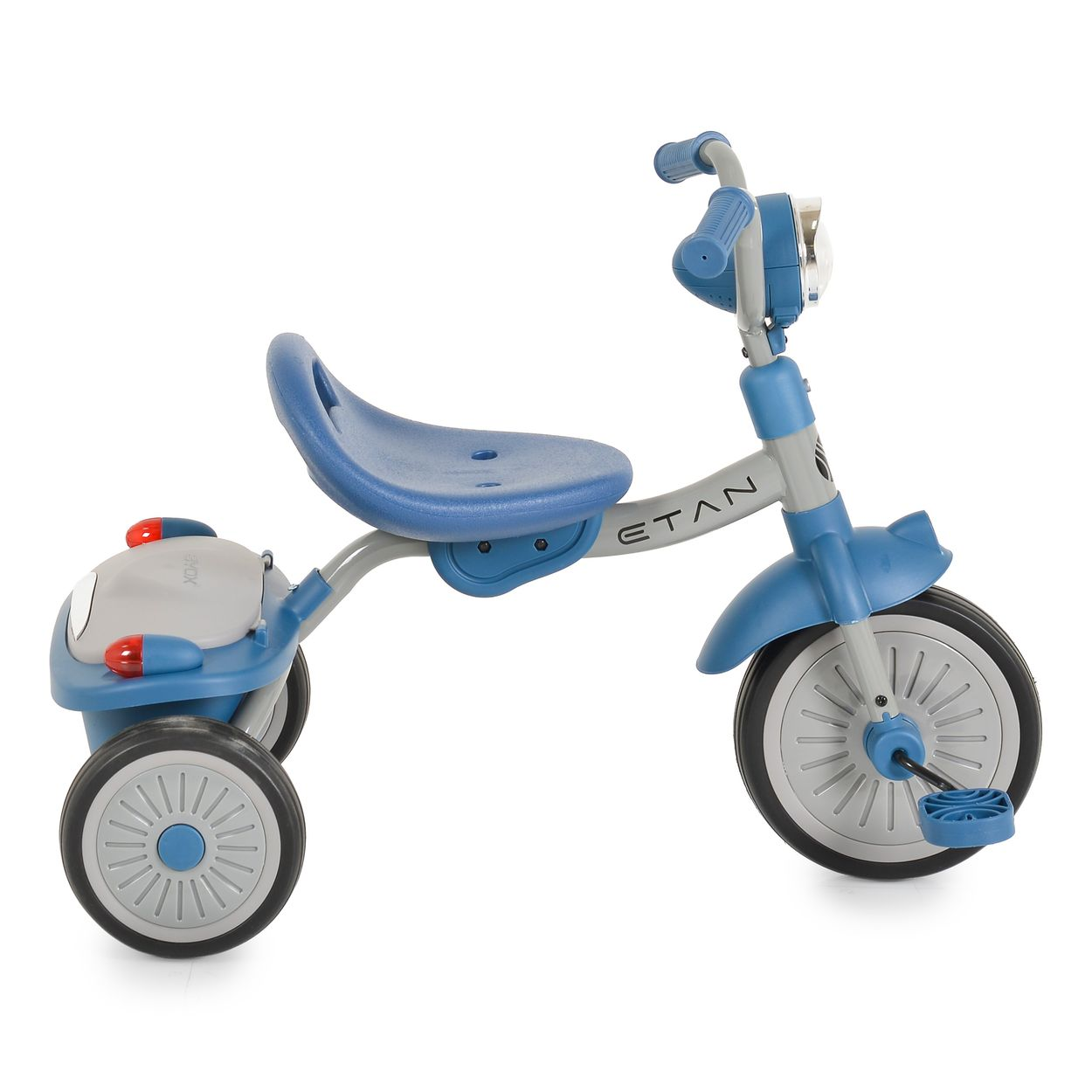 Ein blau-graues Dreirad mit einem Scheinwerfer und einem Sitz.