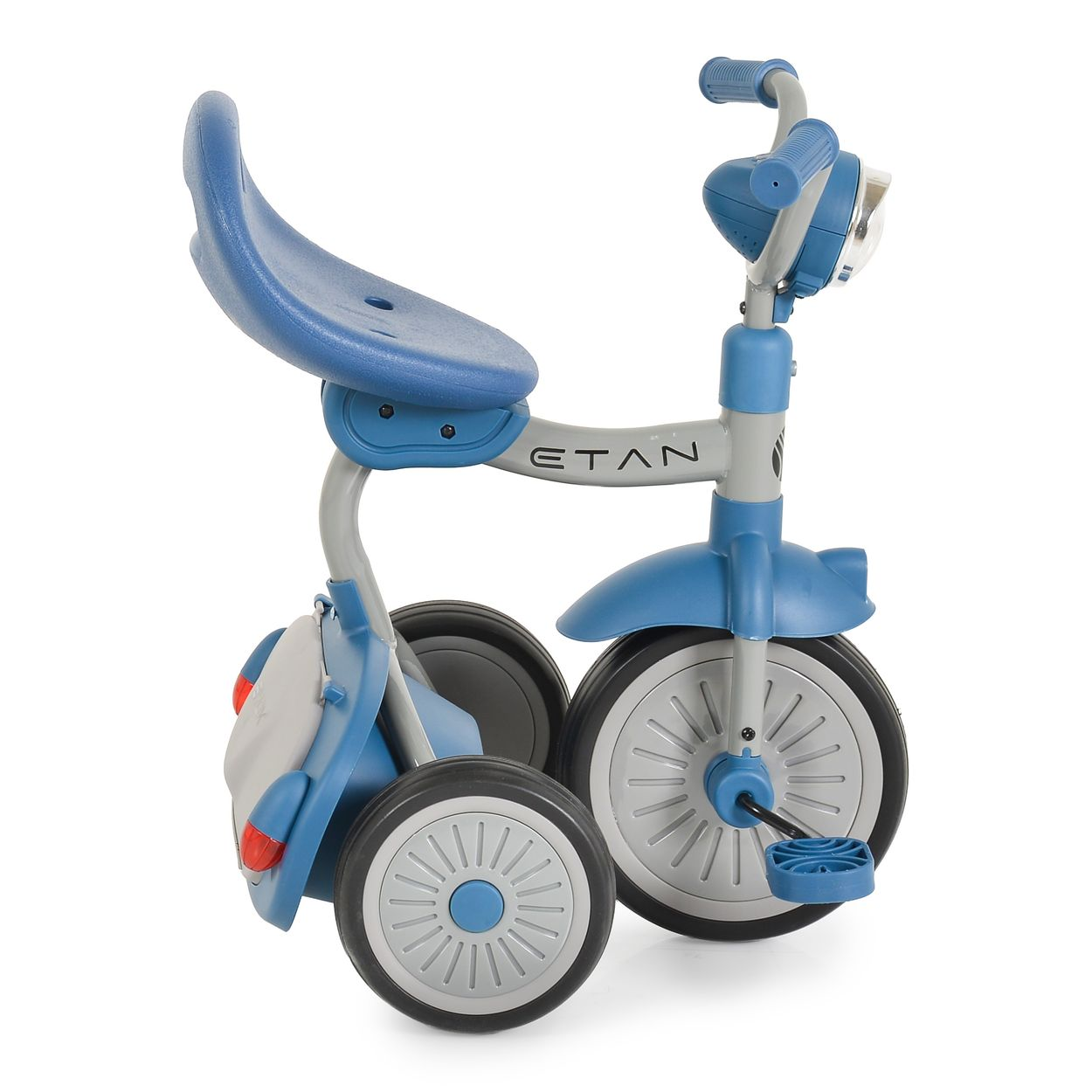 Ein blauer und grauer Kinderdreirad mit Lenker, Sitz und drei Rädern.