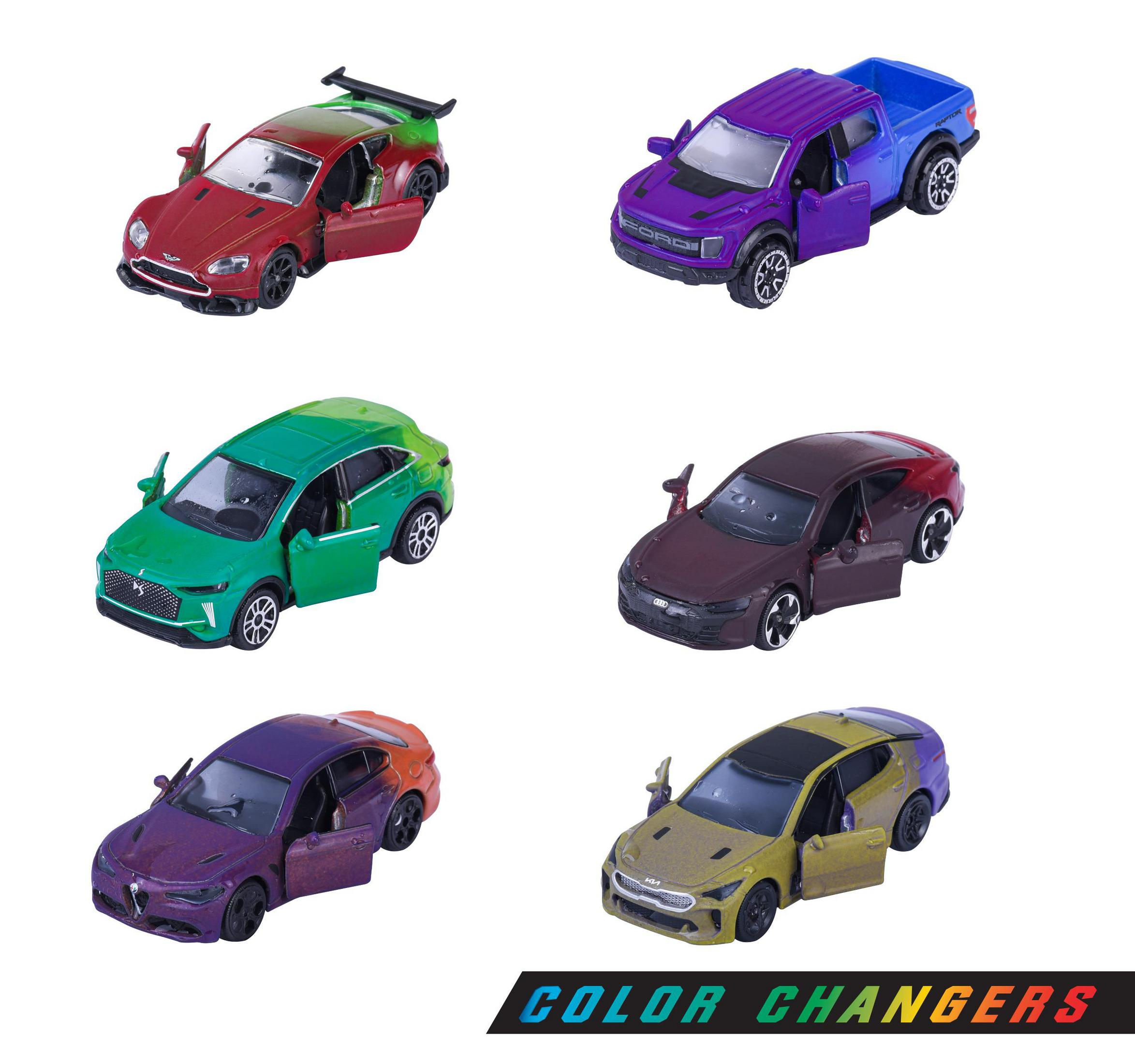 Sechs Spielzeugautos mit geöffneten Türen: rot, lila, grün, braun, lila-orange, gelb-lila.