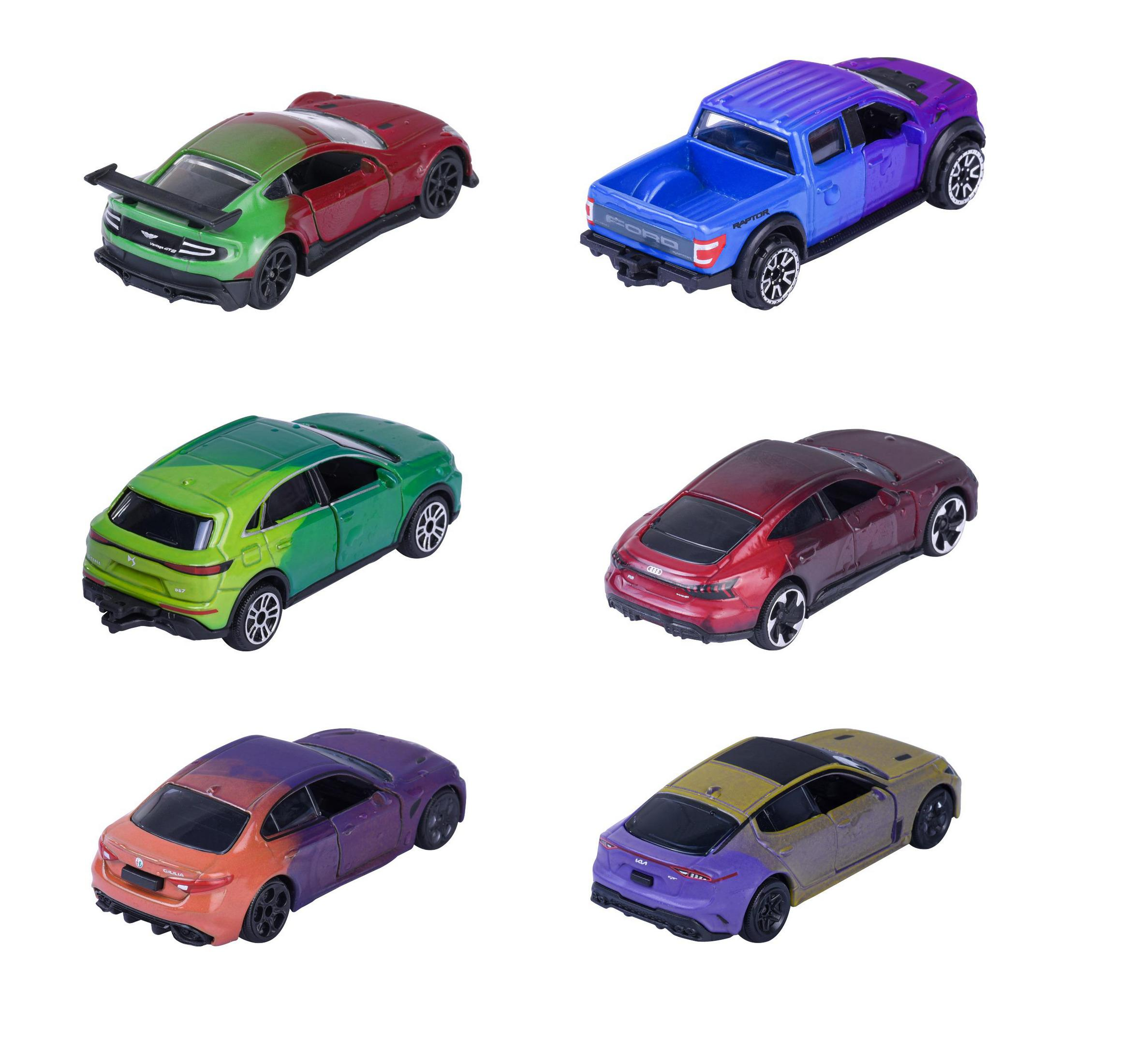 Sechs Spielzeugautos: Rot/grüner Sportwagen, blauer/violetter Truck, grünes SUV, rot-violetter Wagen.
