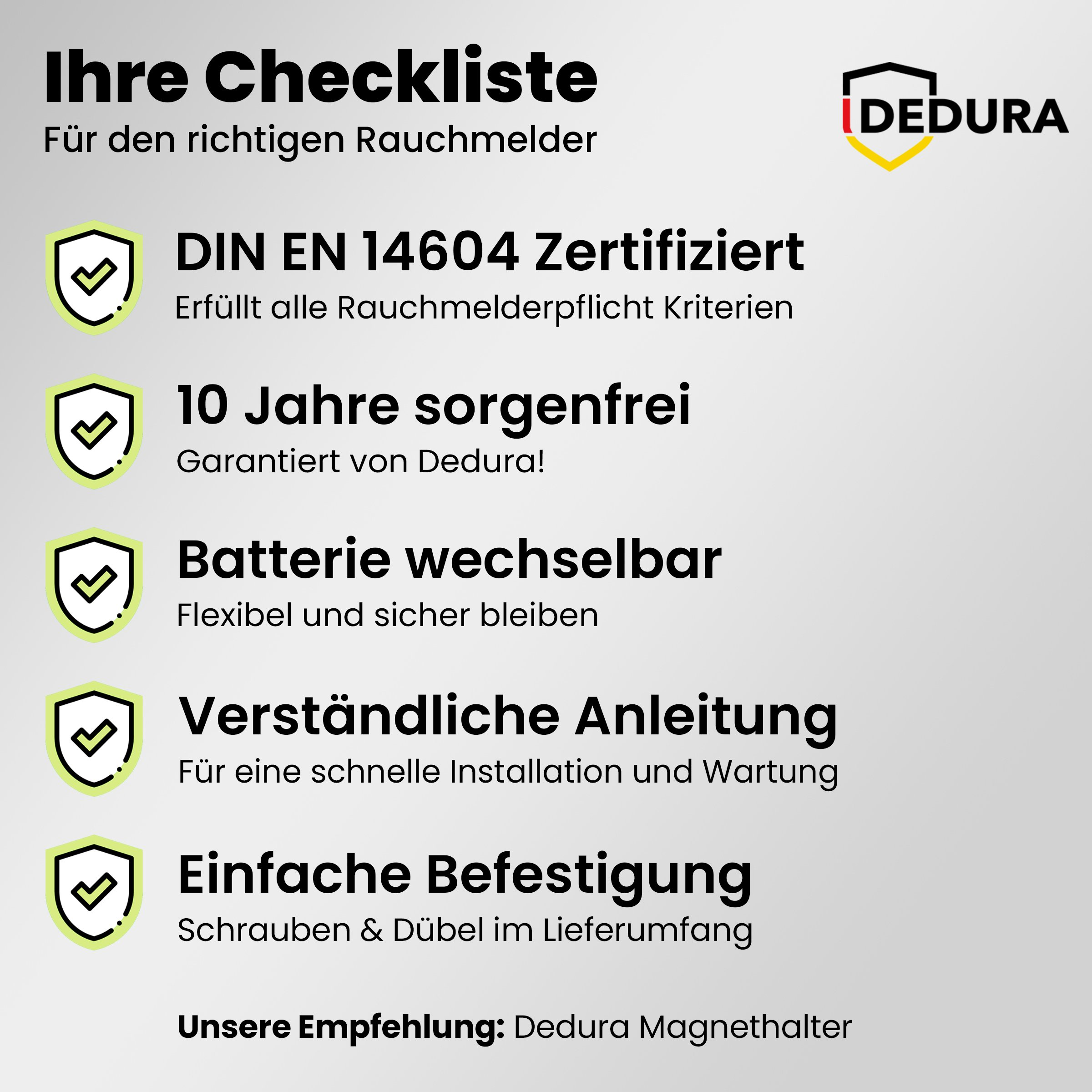 Checkliste für Rauchmelder: DIN EN 14604, 10 Jahre Garantie, wechselbare Batterie.