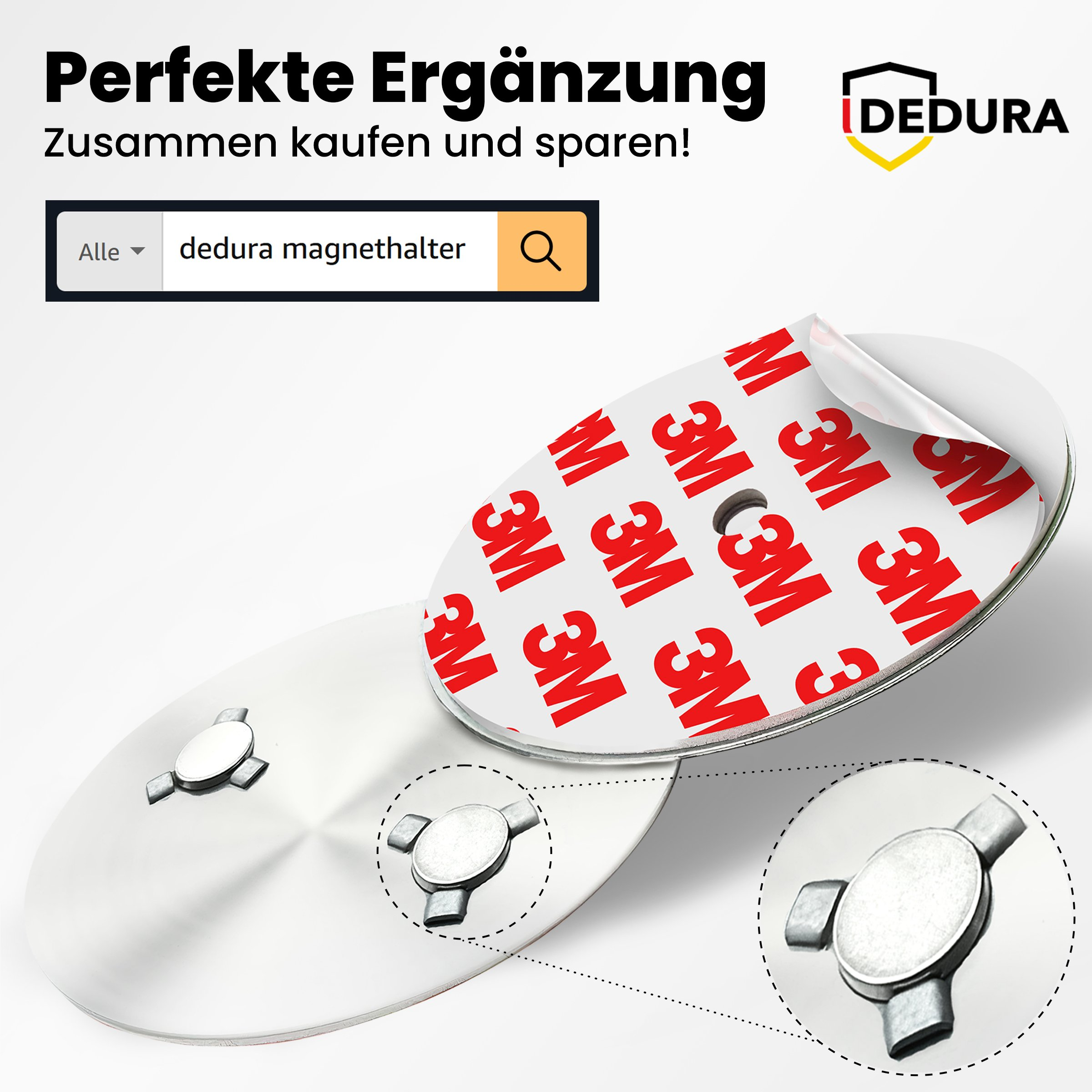Zwei runde Magnetplättchen mit 3M Klebefläche und Metallhalterung.