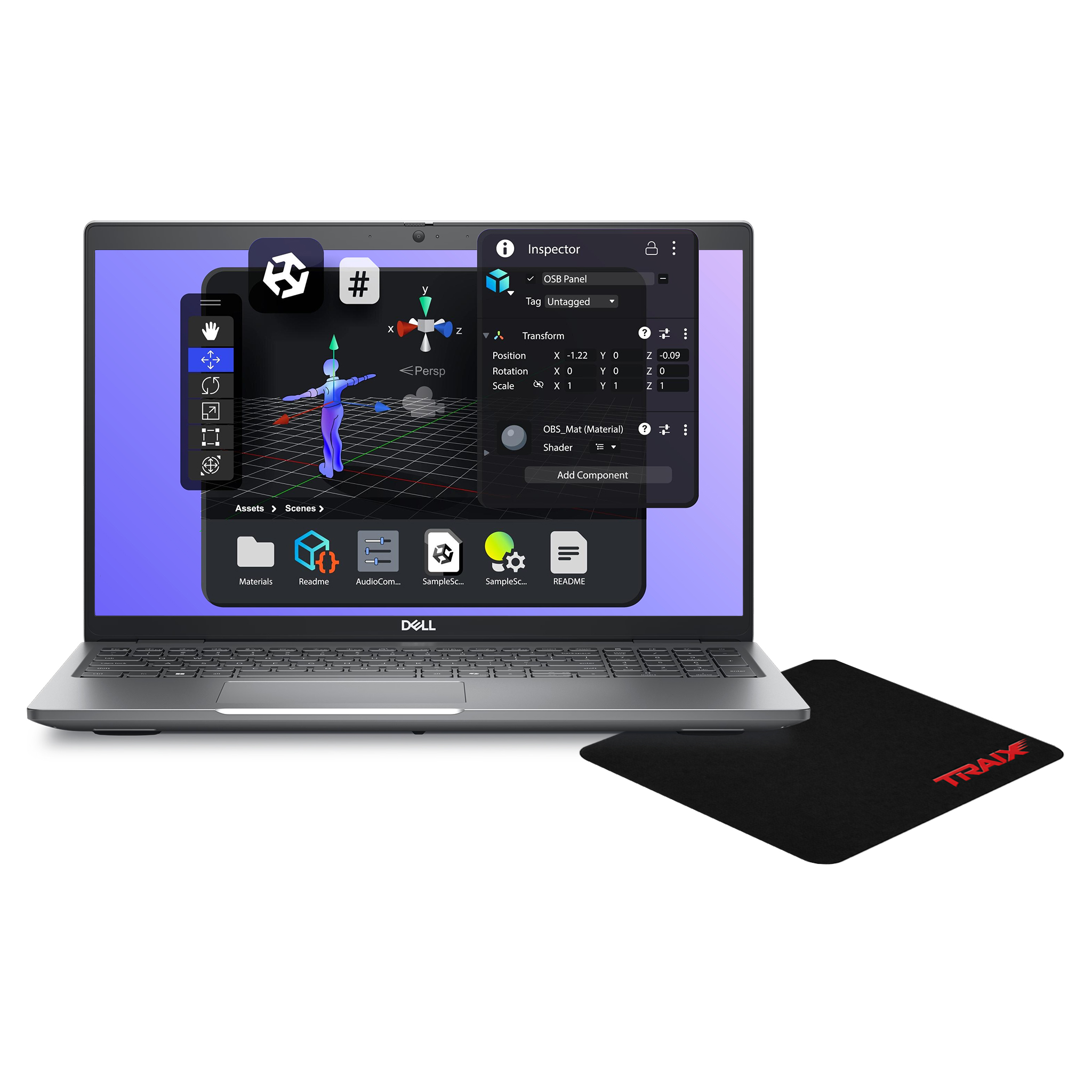 Bir Dell dizüstü bilgisayar, karakter modelli 3B yazılım gösteriyor. Yakında mousepad var.