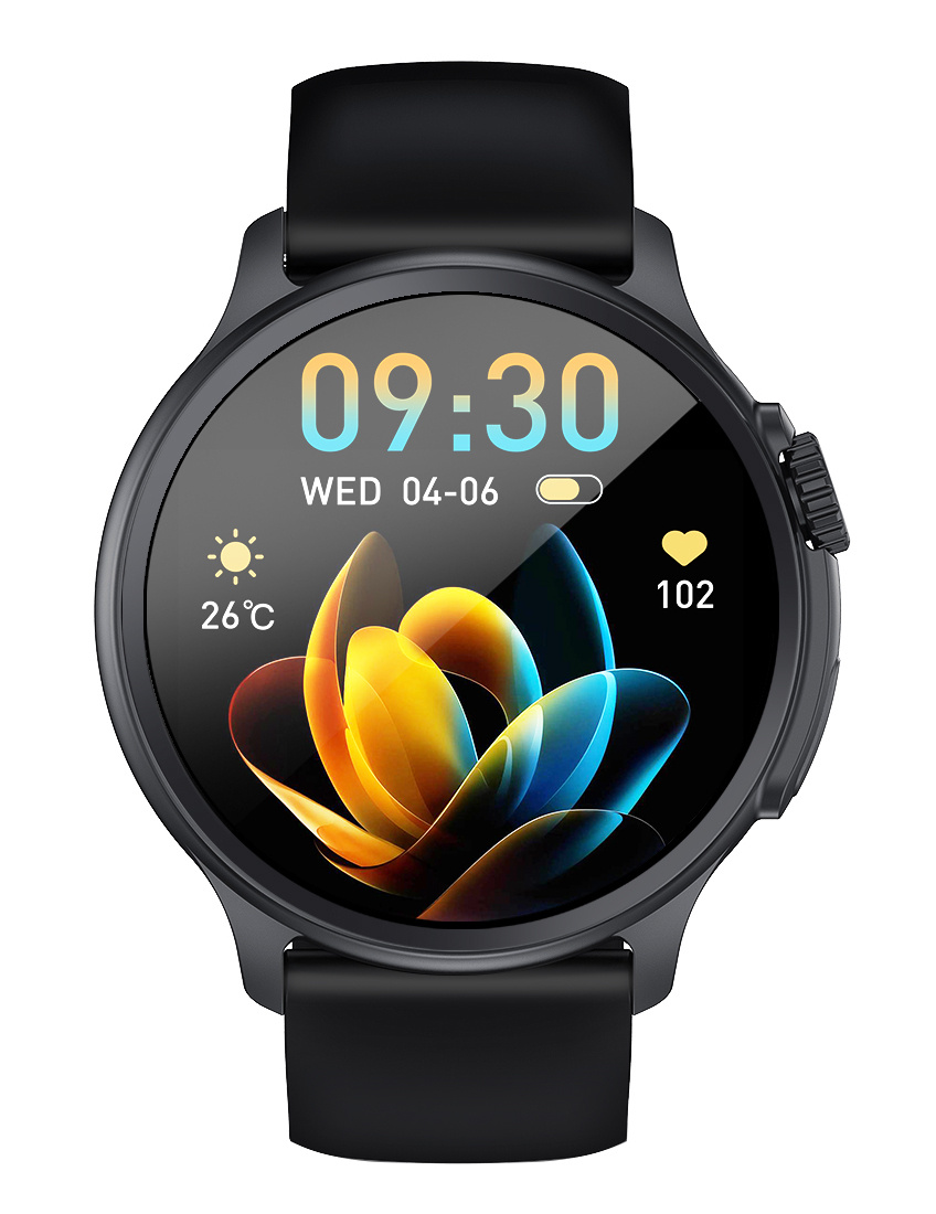 Czarny smartwatch pokazuje 09:30, ŚR 04-06, 26°C i tętno 102.