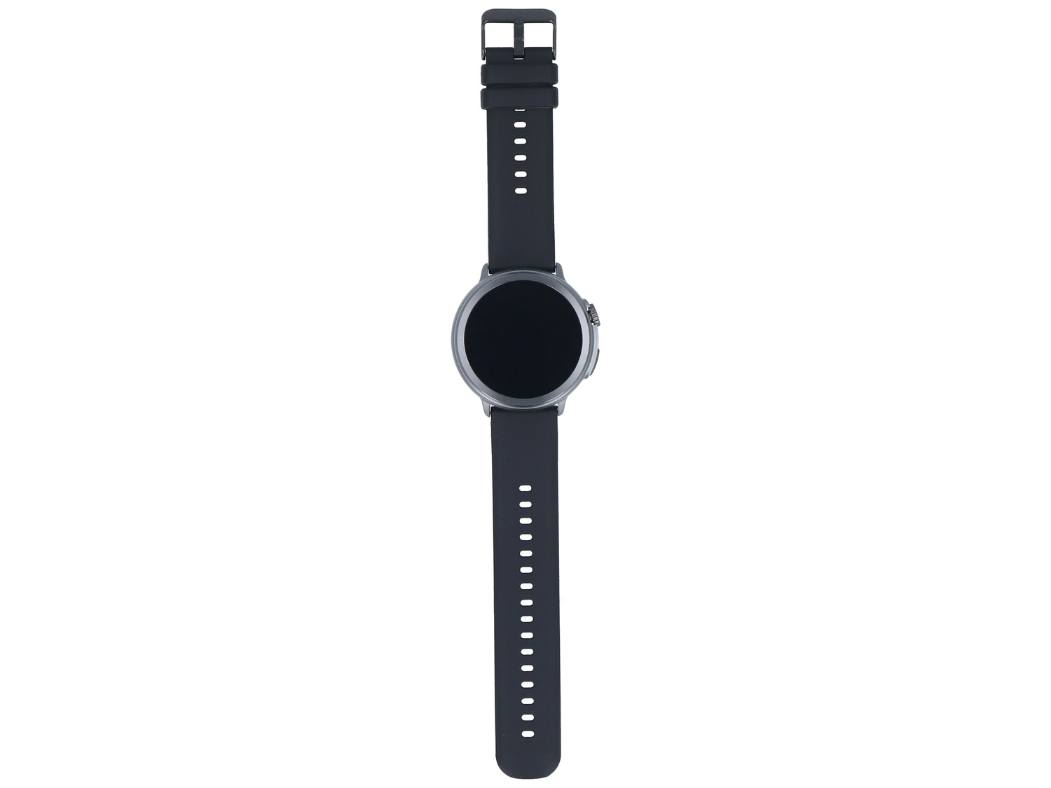 Ciemny smartwatch z okrągłym wyświetlaczem i czarnym paskiem.