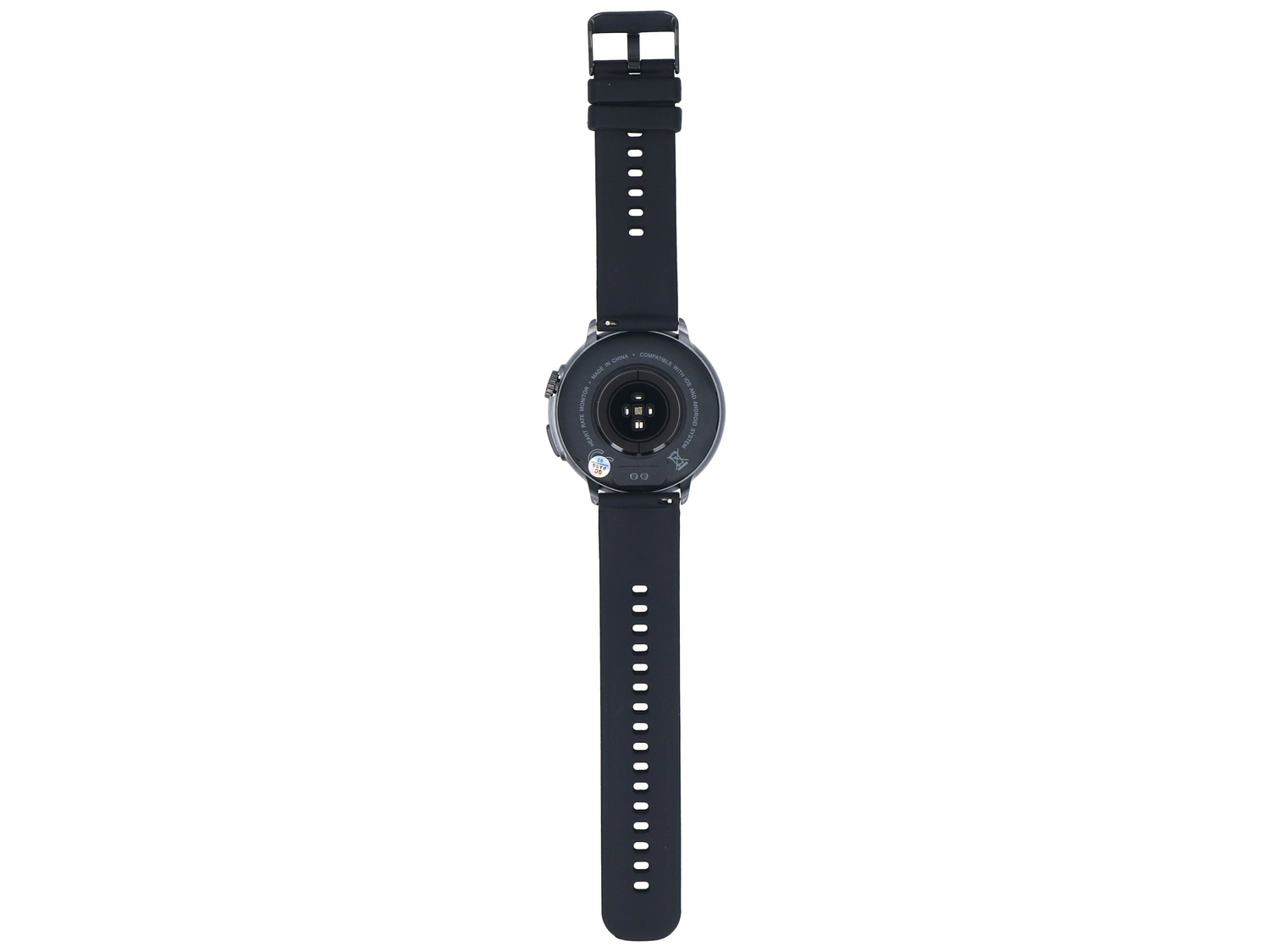 Czarny smartwatch z czujnikiem tętna i paskiem na białym tle.