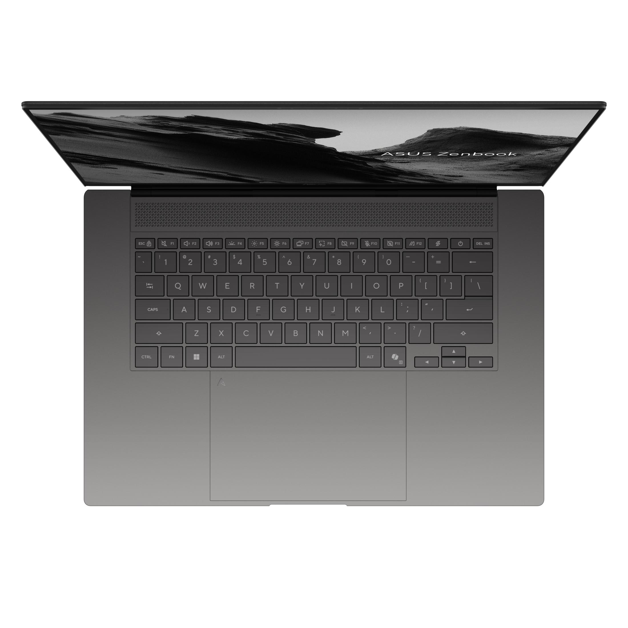 Ein graues Asus Zenbook Laptop mit geöffnetem Bildschirm und Tastatur.