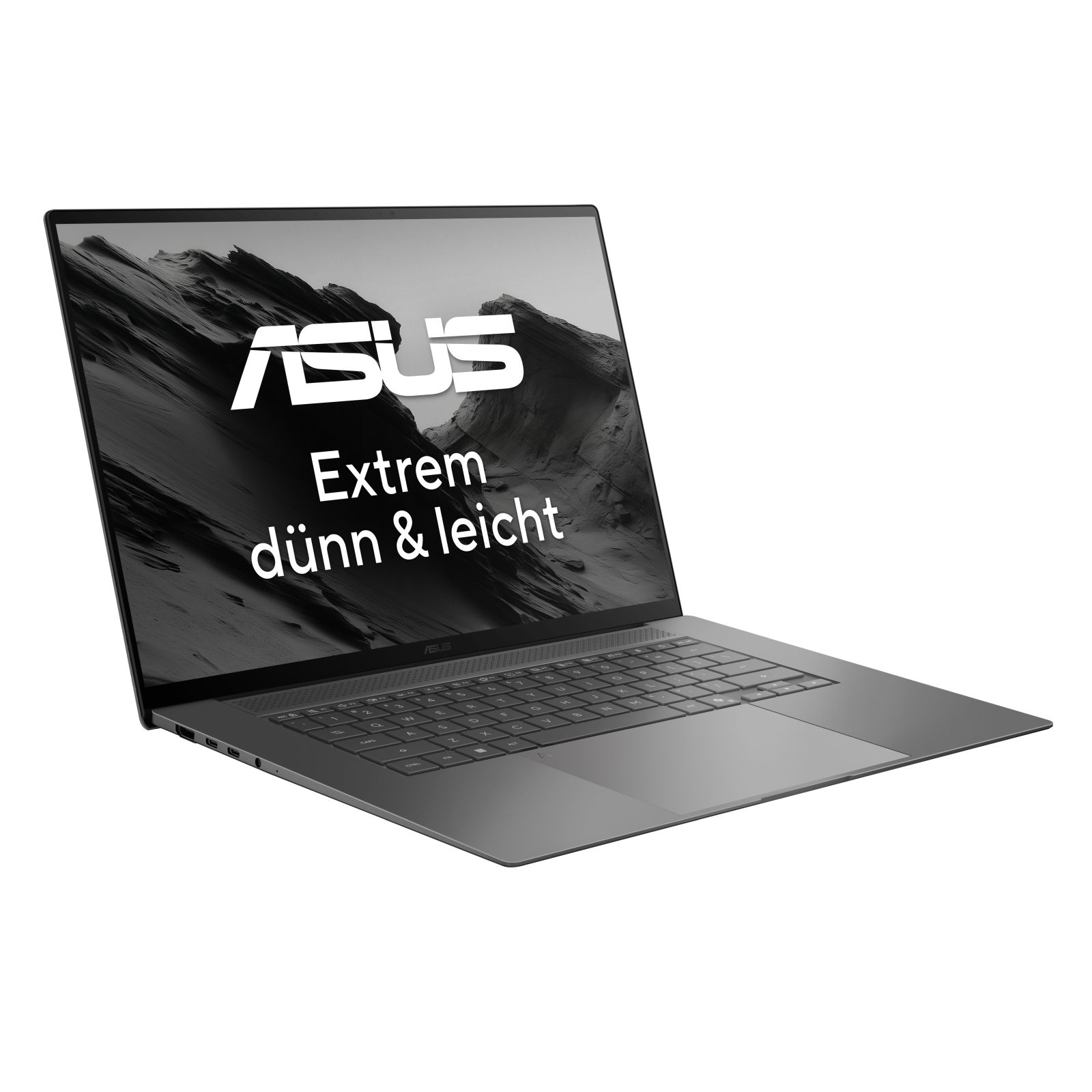 Ein dunkelgraues ASUS-Notebook wird geöffnet gezeigt, mit Tastatur und Bildschirm mit ASUS-Logo und Text.