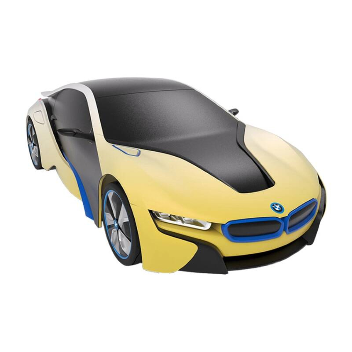 Żółte BMW z czarno-niebieskimi akcentami, na białym tle.
