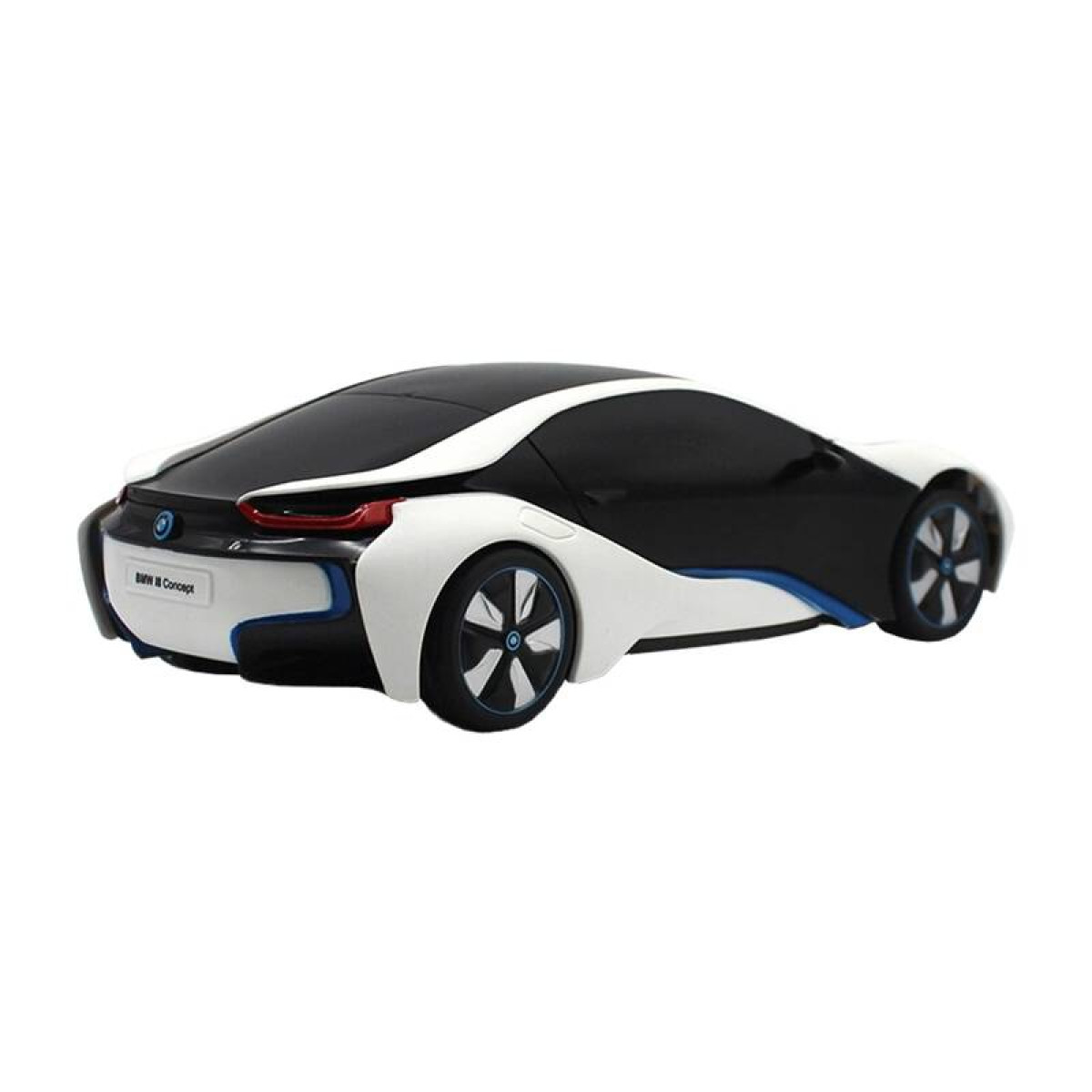 Czarno-biały samochód koncepcyjny BMW z niebieskimi akcentami i unikalnymi kołami.