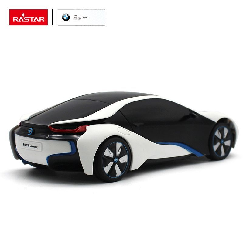 Biały, czarny i niebieski samochód zabawkowa koncepcja BMW i8 z logo Rastar.