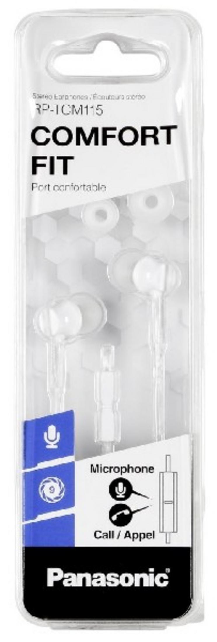 Panasonic RP-TCM115 Comfort Fit Stereo-Ohrhörer mit Mikrofon in Verpackung.