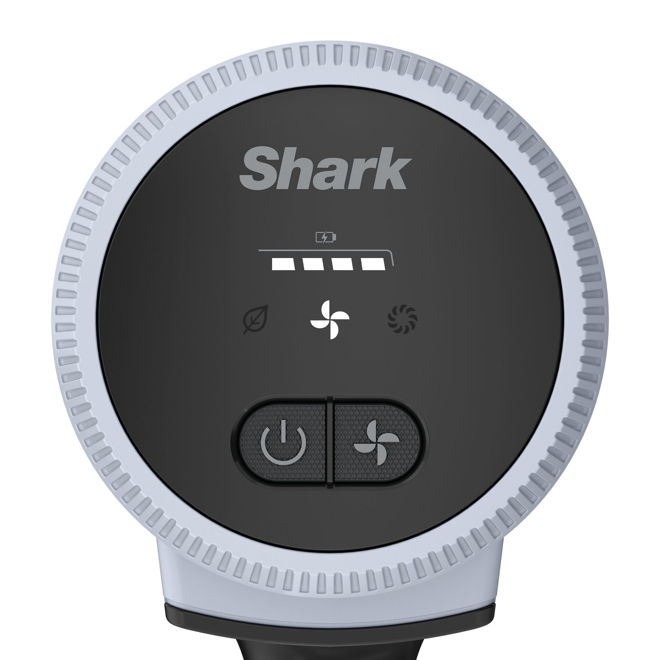 Un logo Shark su un display nero con indicatore batteria e icone di controllo.