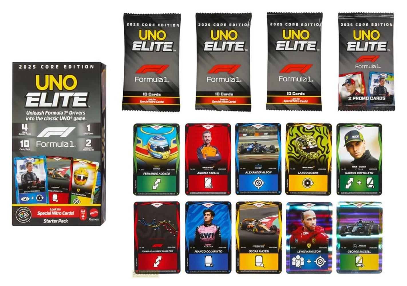Paquete inicial y paquetes de refuerzo del juego de cartas UNO Elite Fórmula 1 con cartas de piloto.