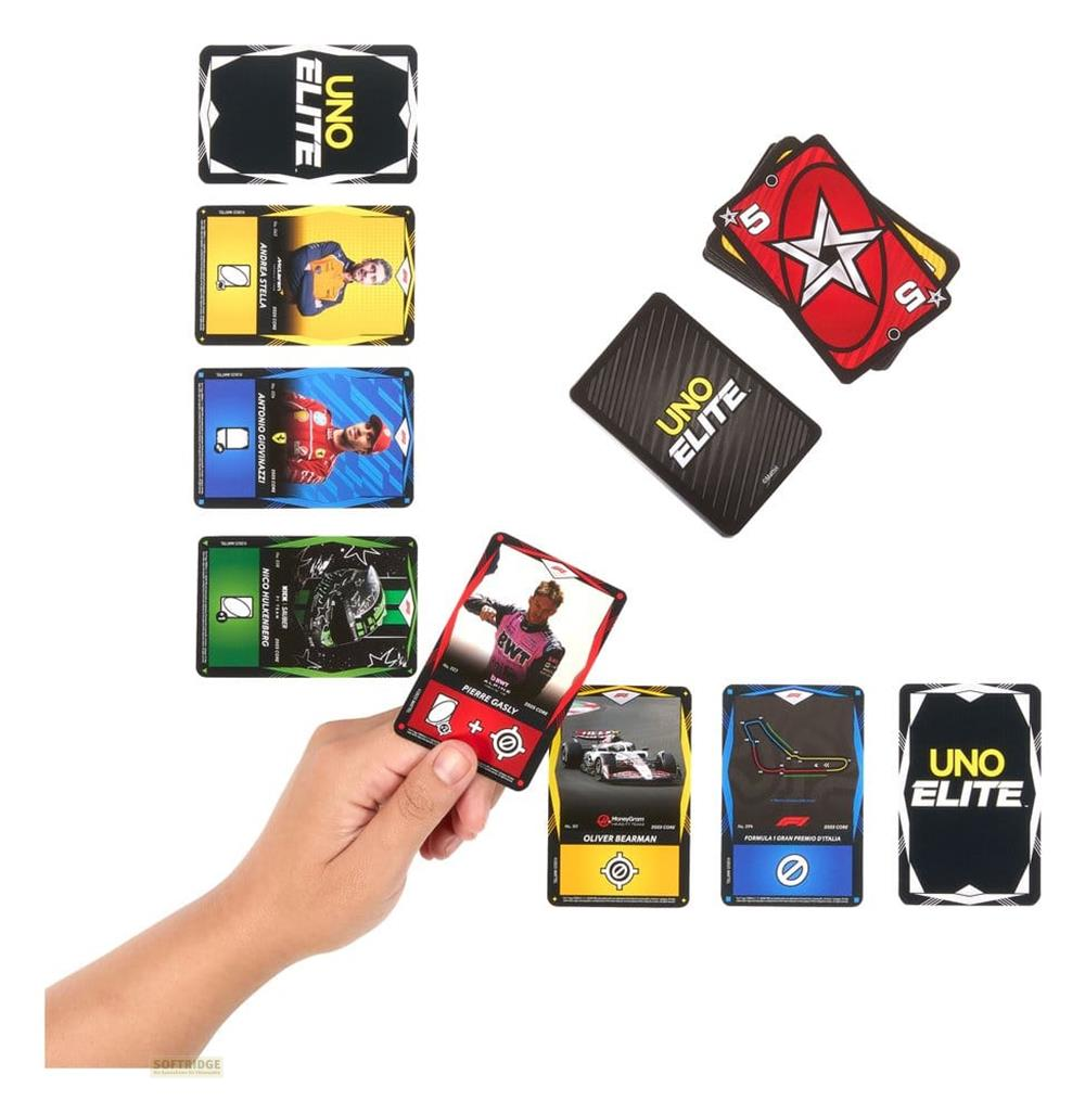 Cartas UNO Elite con pilotos de Fórmula 1 y trazados de circuitos.