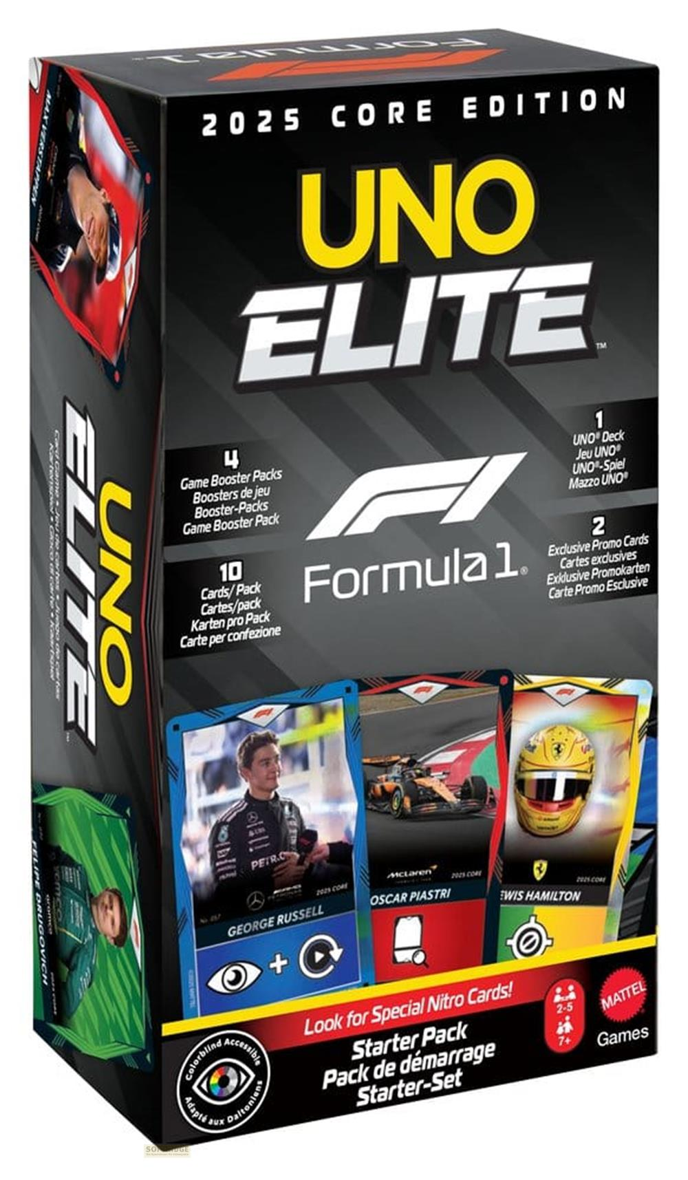 Caja de starter pack UNO Elite Formula 1 Edición Core 2025 con cartas de George Russell, Oscar Piastri, Lewis Hamilton.