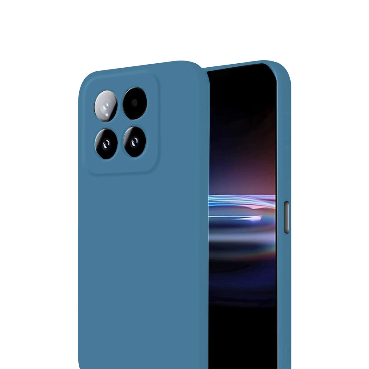 Arkada dört kamera lensli mavi telefon kılıfı, beyaz kenarlar.