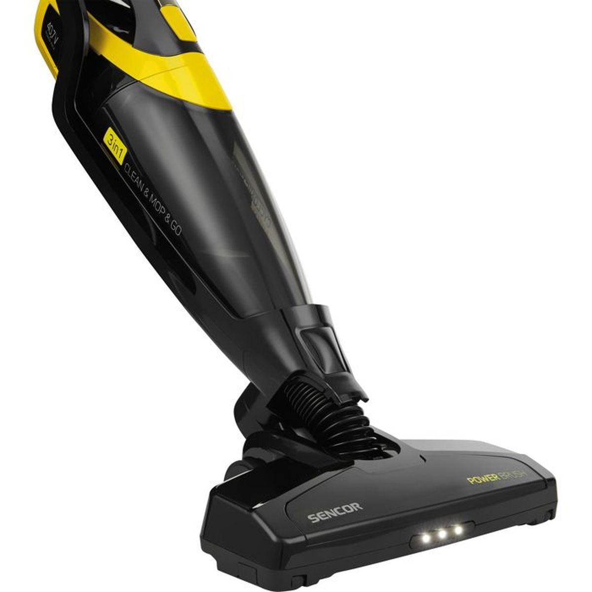 Un aspirapolvere portatile nero e giallo con testa PowerBrush.