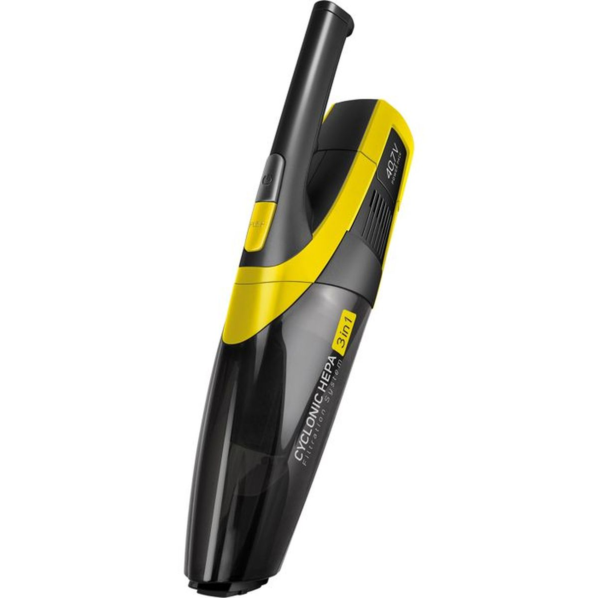 Un aspirapolvere nero e giallo portatile con 40,7V e funzione 3 in 1.