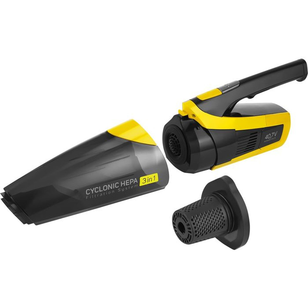 Un aspirapolvere portatile nero e giallo con contenitore e filtro rimovibili.