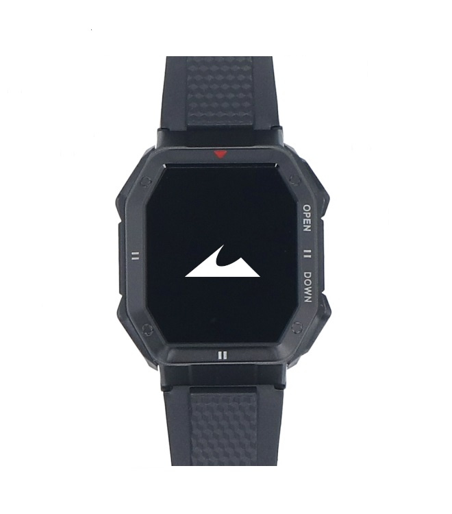 Czarny smartwatch z logo fali na ciemnym ekranie i bocznymi przyciskami.