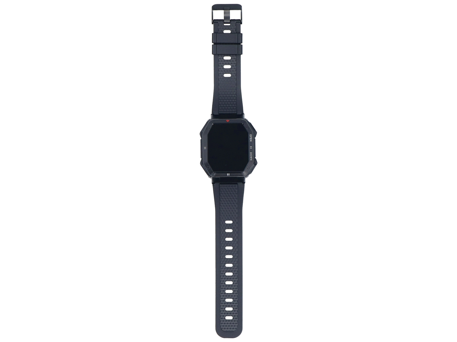 Czarny smartwatch z prostokątnym ekranem i silikonowym paskiem na białym tle.