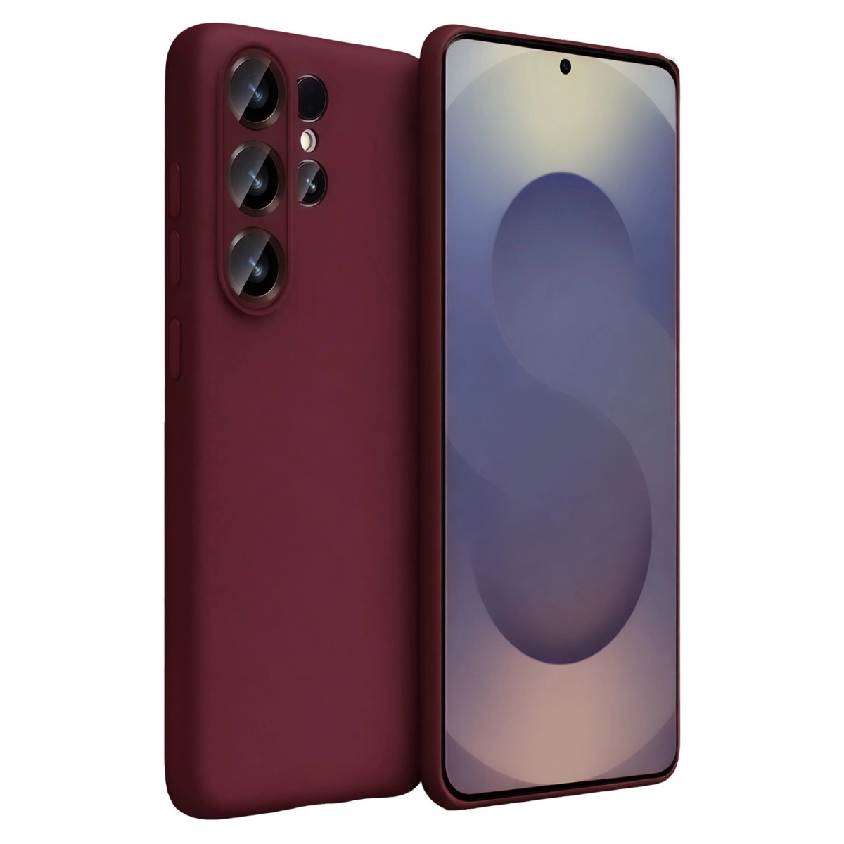Koyu kırmızı renkte, arka kamera modülüne ve ekrana sahip bir akıllı telefon.