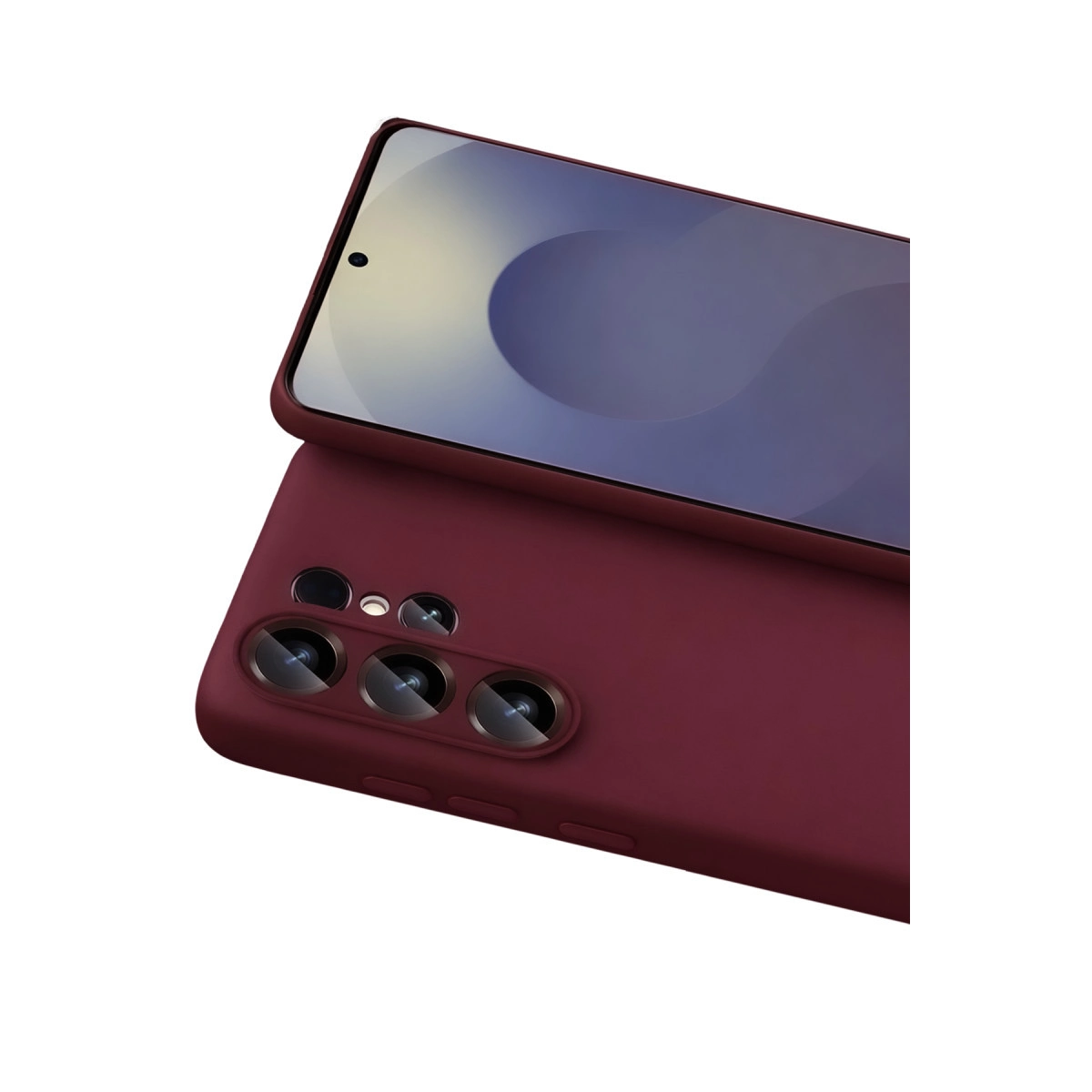 Üç kameralı bordo akıllı telefon ve delikli ön kamera ekranı.