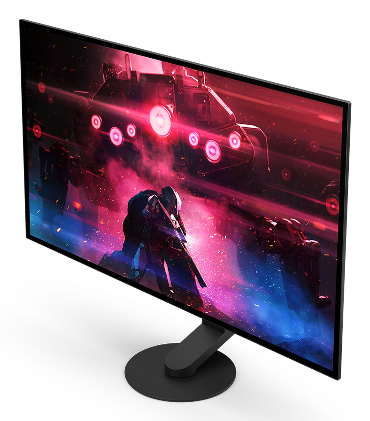 Un monitor gaming muestra un campo de batalla de ciencia ficción con un soldado y luces rojas.