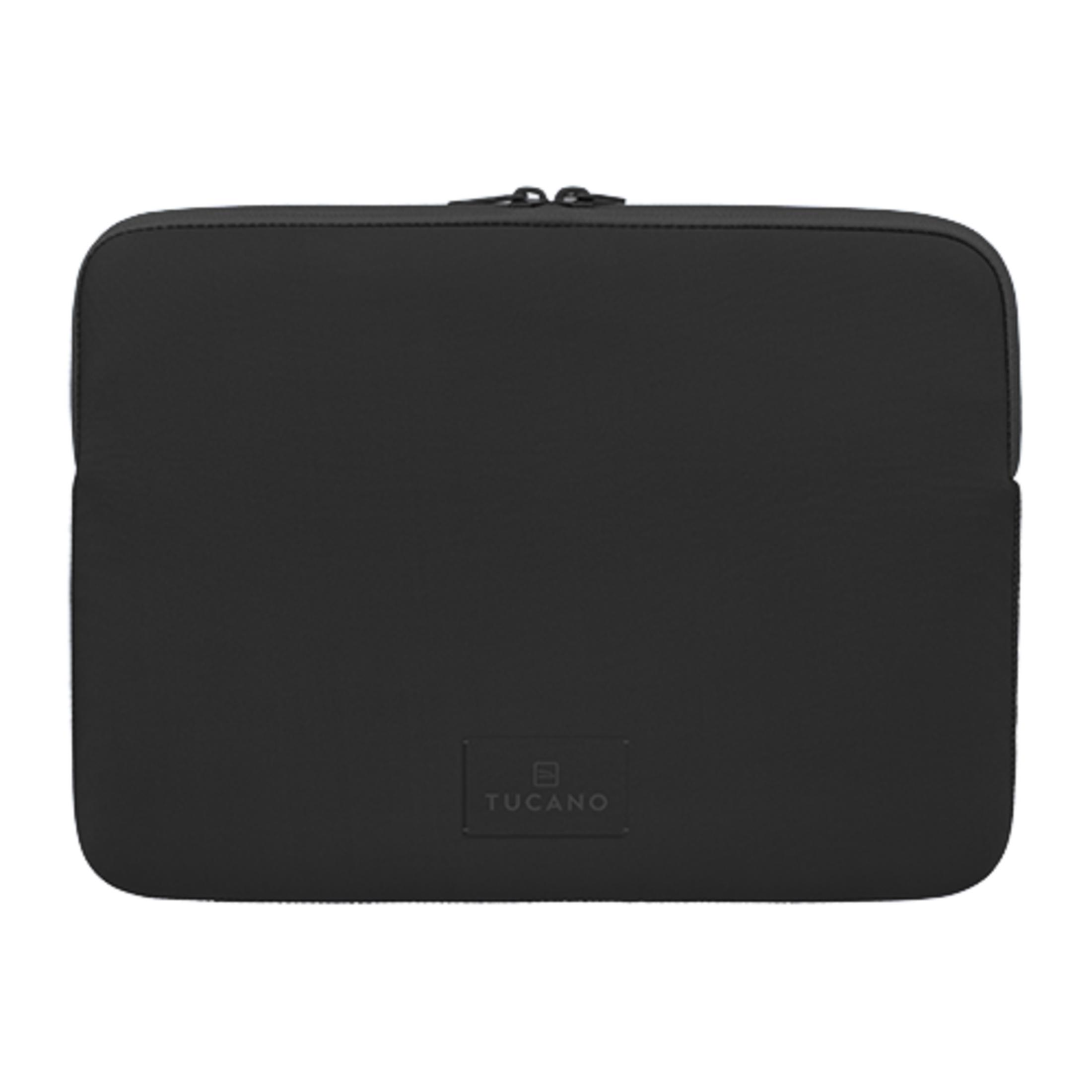 Schwarze Laptoptasche mit Reißverschluss und Tucano-Logo.