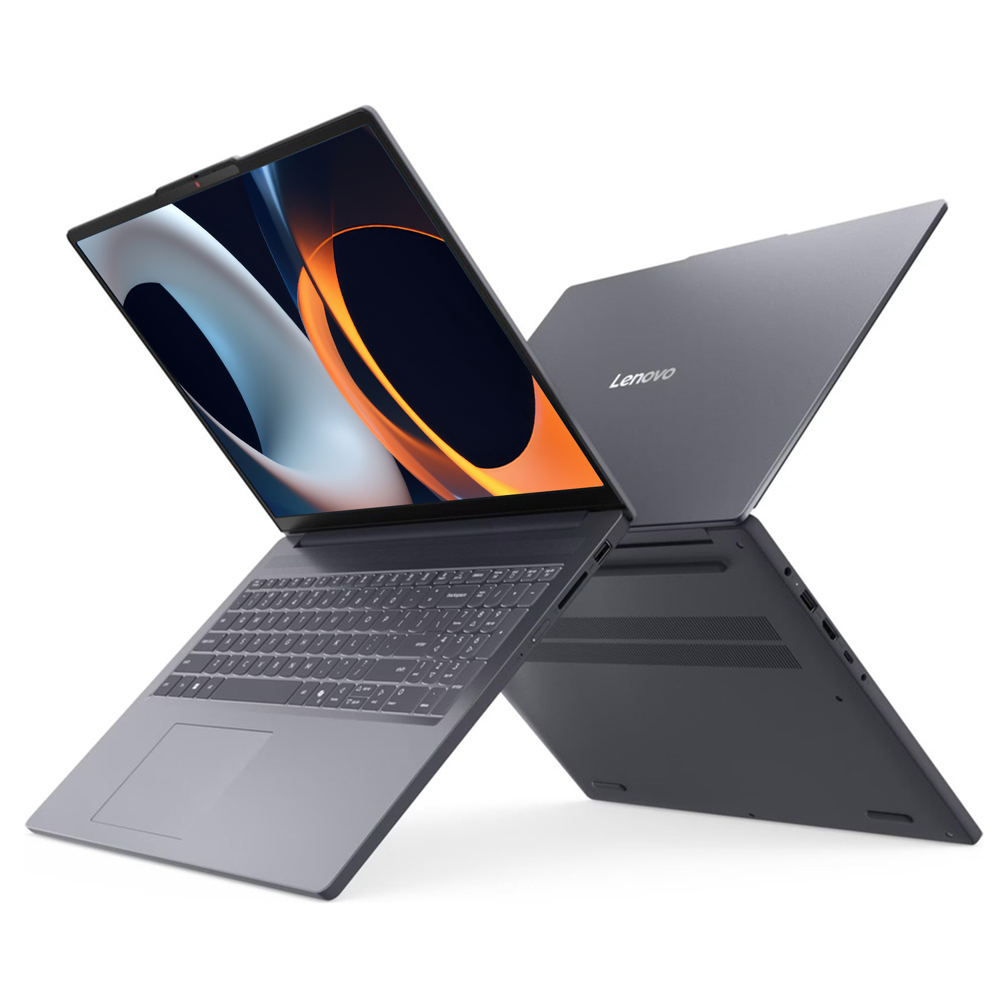 Beyaz zeminde açık ekranlı ve klavyeli iki gri Lenovo dizüstü bilgisayar.