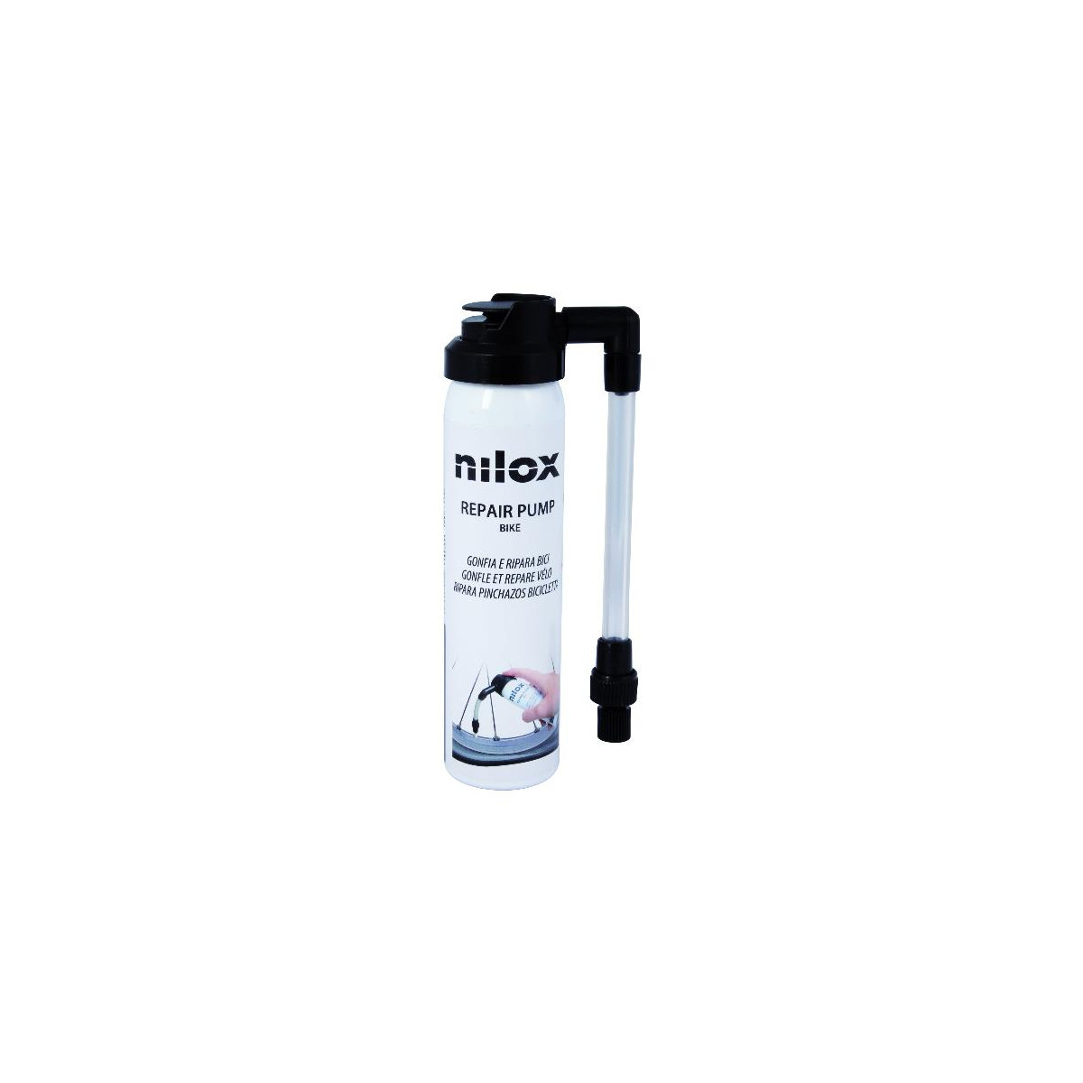 Spray pompa riparazione bici Nilox bianca con ugello e tubo neri.