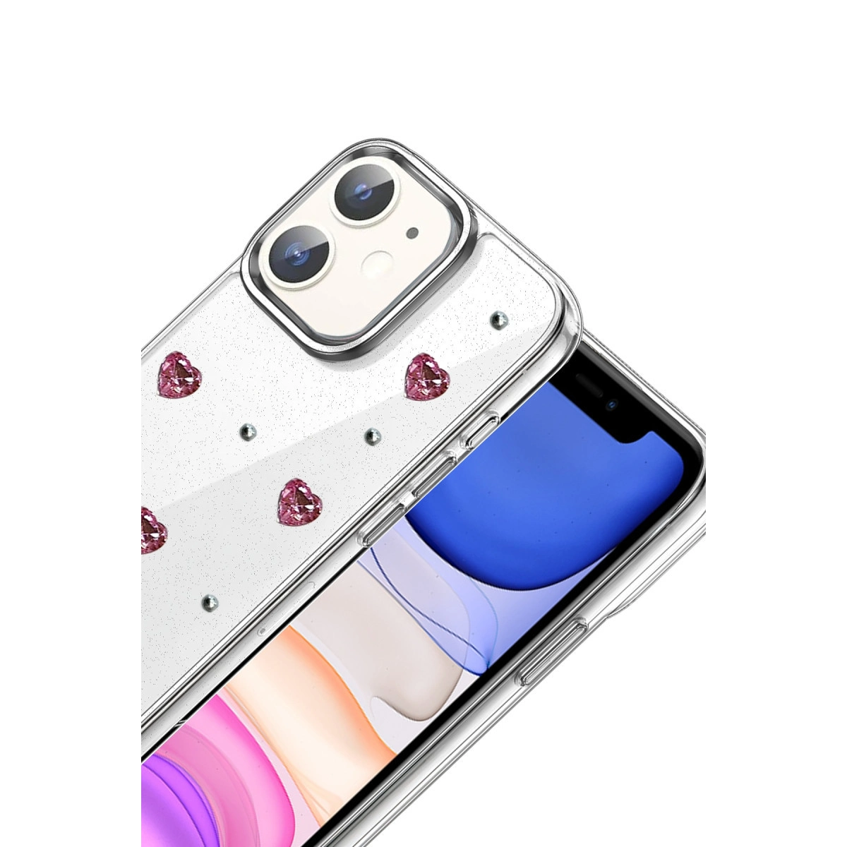 Şeffaf telefon kılıfı sim ve pembe kalp detaylı.