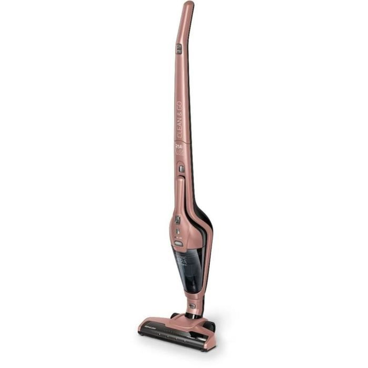 Un aspirapolvere senza fili color oro rosa con serbatoio e spazzola neri.