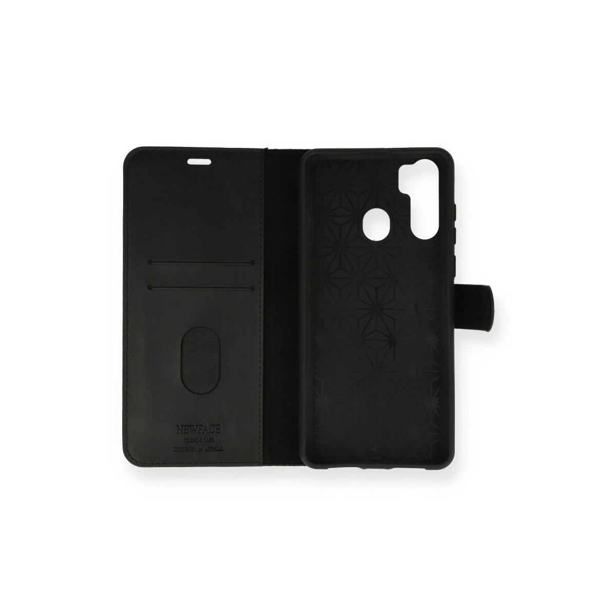 Kart yuvaları ve hassas kesimli siyah kitap tarzı telefon kılıfı.