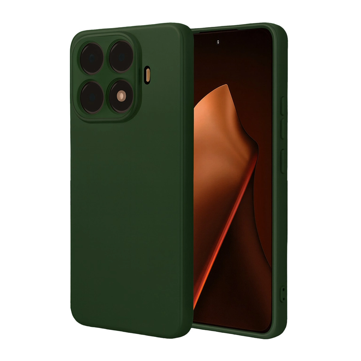 Dört kameralı koyu yeşil telefon kılıfı ve kahverengi arka planlı akıllı telefon.
